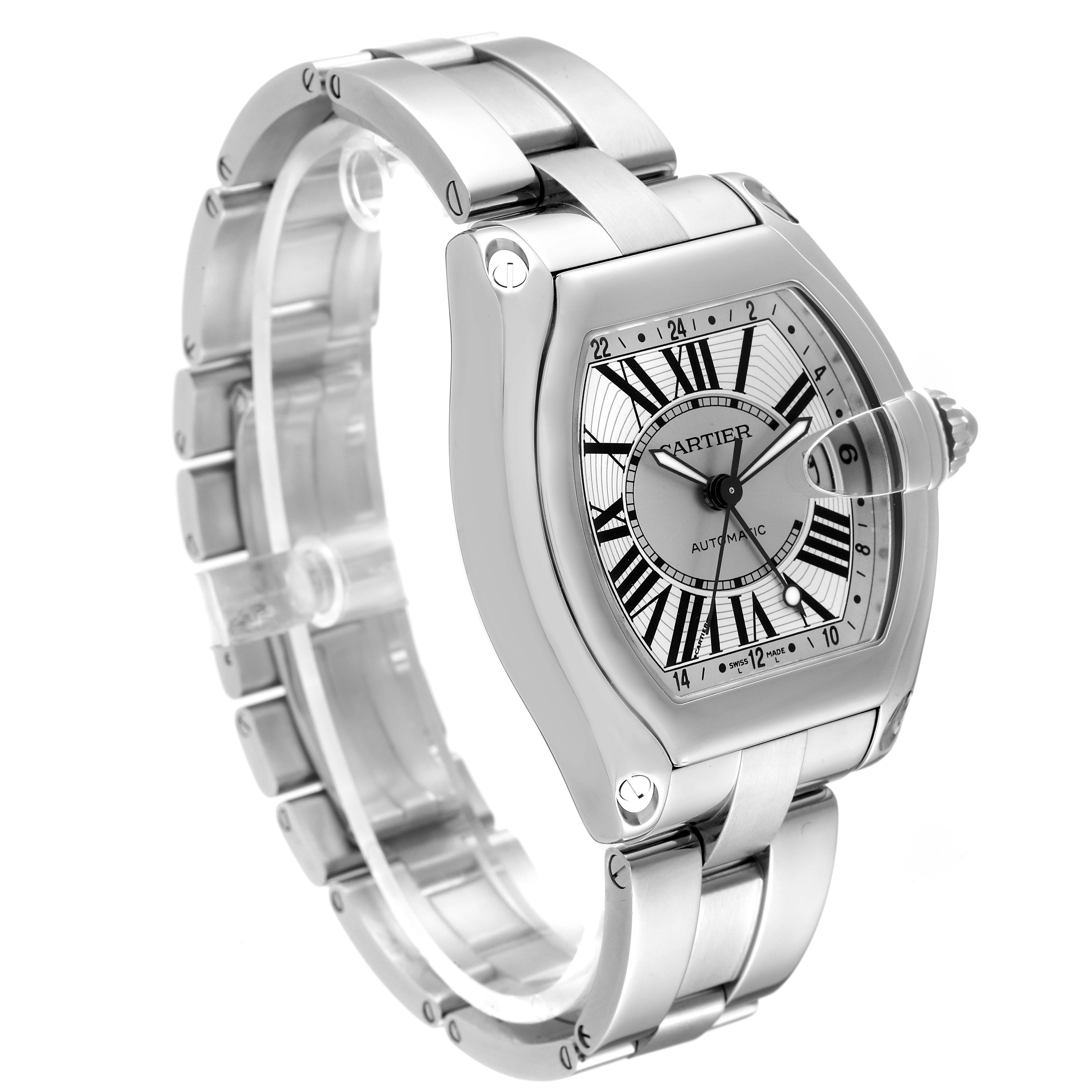 The image shows a Cartier Roadster W62032X6 Men's Stainless Steel Silver Dial W62032X6 Men's Stainless Steel Silver Dial watch at a three-quarter angle, highlighting its face, bezel, and bracelet.