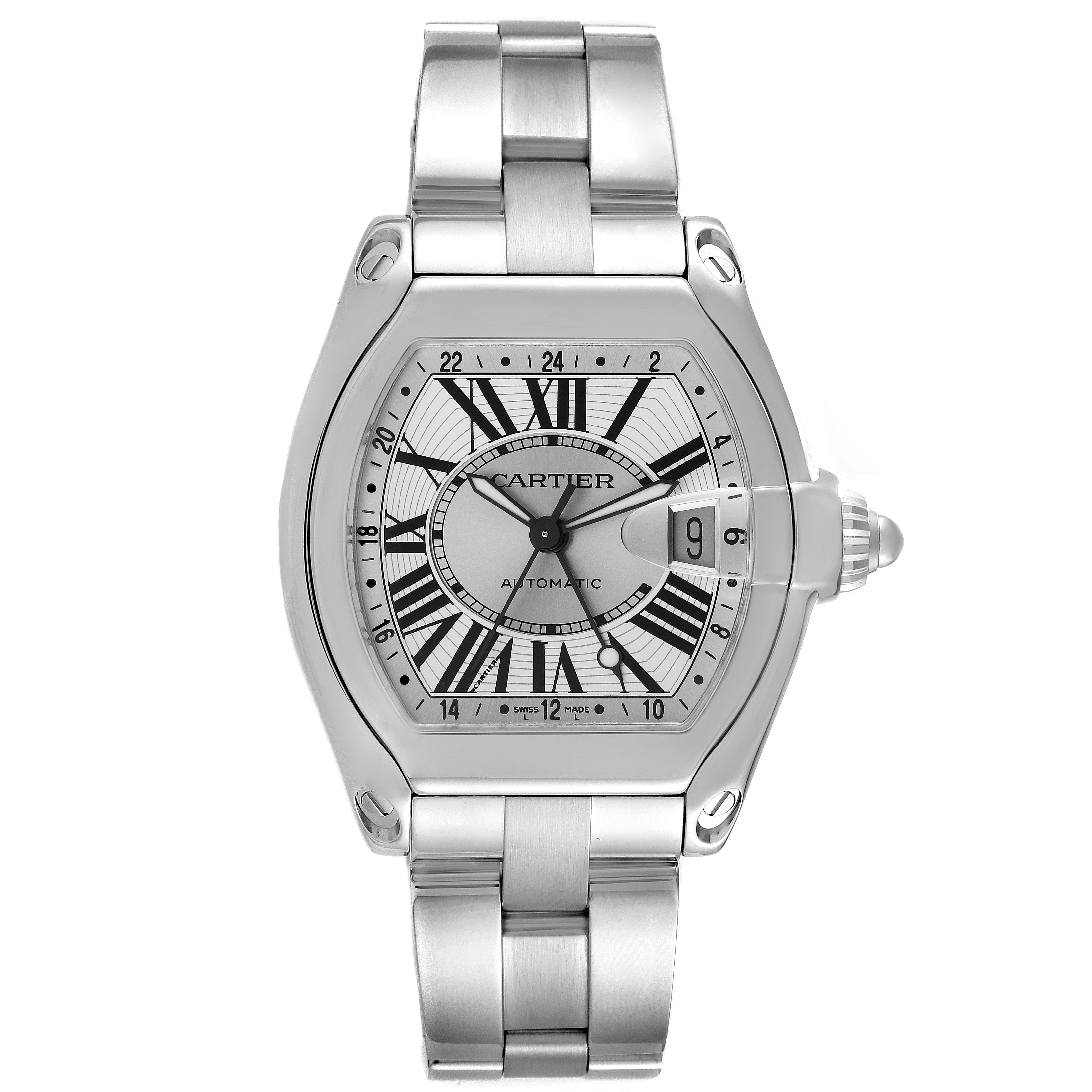 The image shows a front view of the Cartier Roadster W62032X6 Men's Stainless Steel Silver Dial W62032X6 Men's Stainless Steel Silver Dial watch, including its dial, bezel, crown, and bracelet.