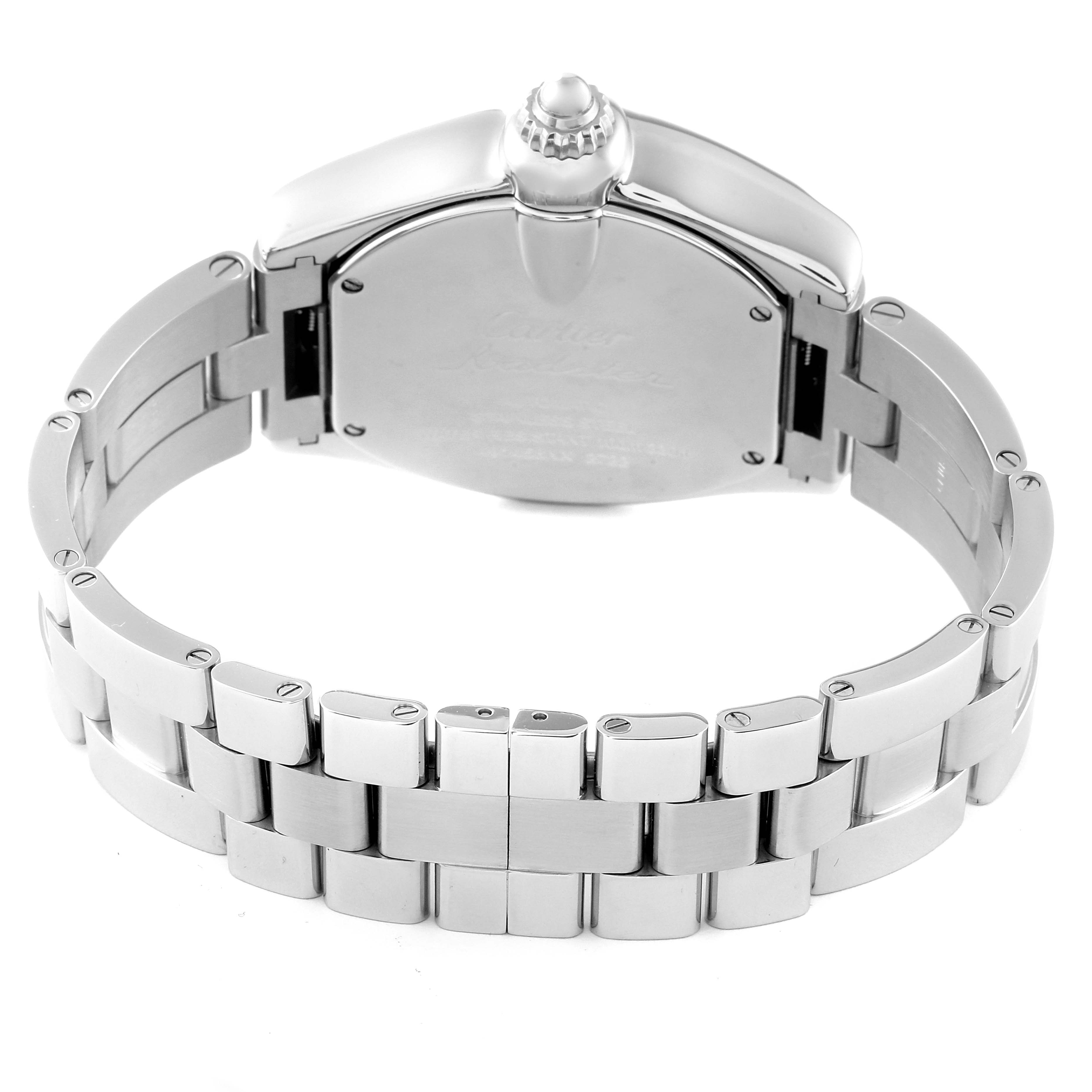 This image shows the back view and bracelet of a Cartier Roadster W62032X6 Men's Stainless Steel Silver Dial W62032X6 Men's Stainless Steel Silver Dial watch.