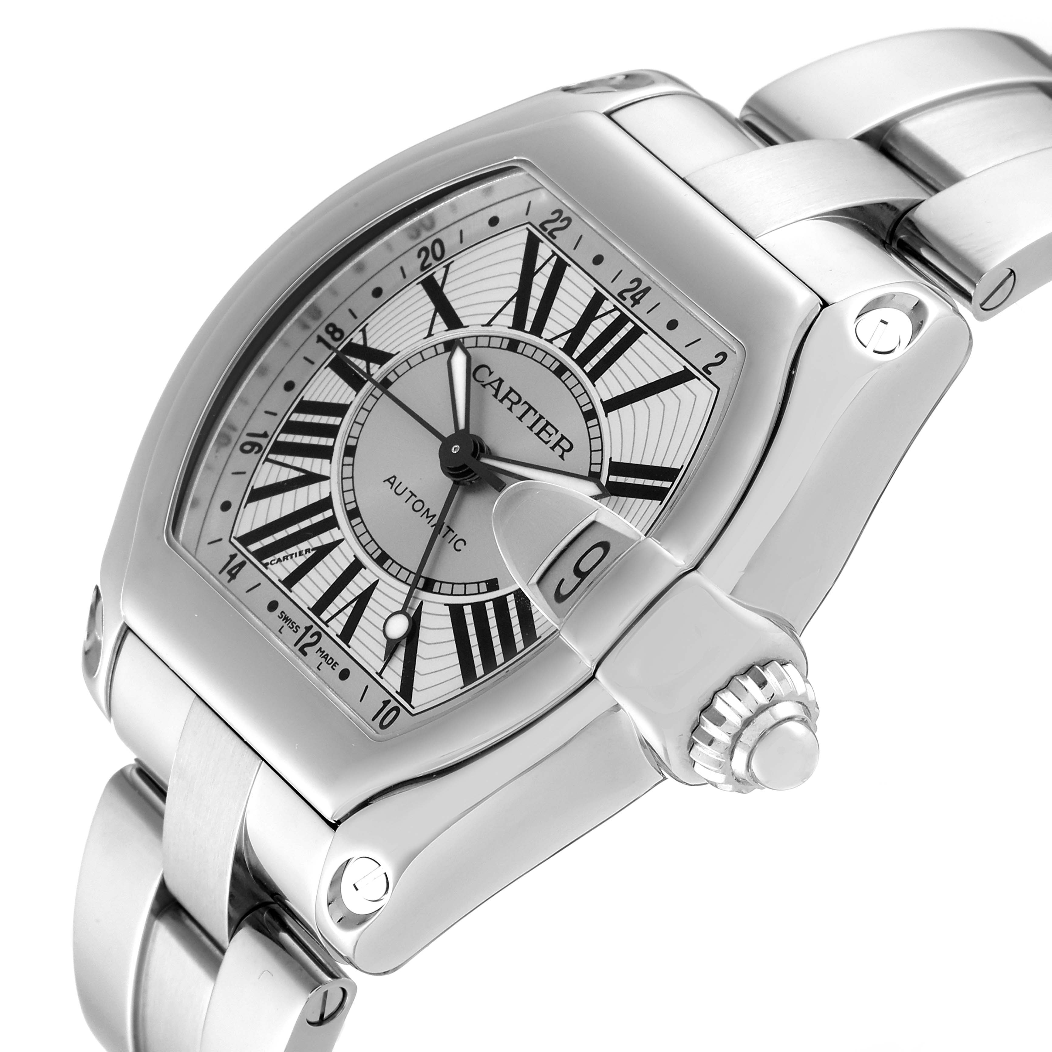 The Cartier Roadster W62032X6 Men's Stainless Steel Silver Dial W62032X6 Men's Stainless Steel Silver Dial watch is shown at an angled view, displaying the dial, bracelet, and crown with a visible magnified date window.