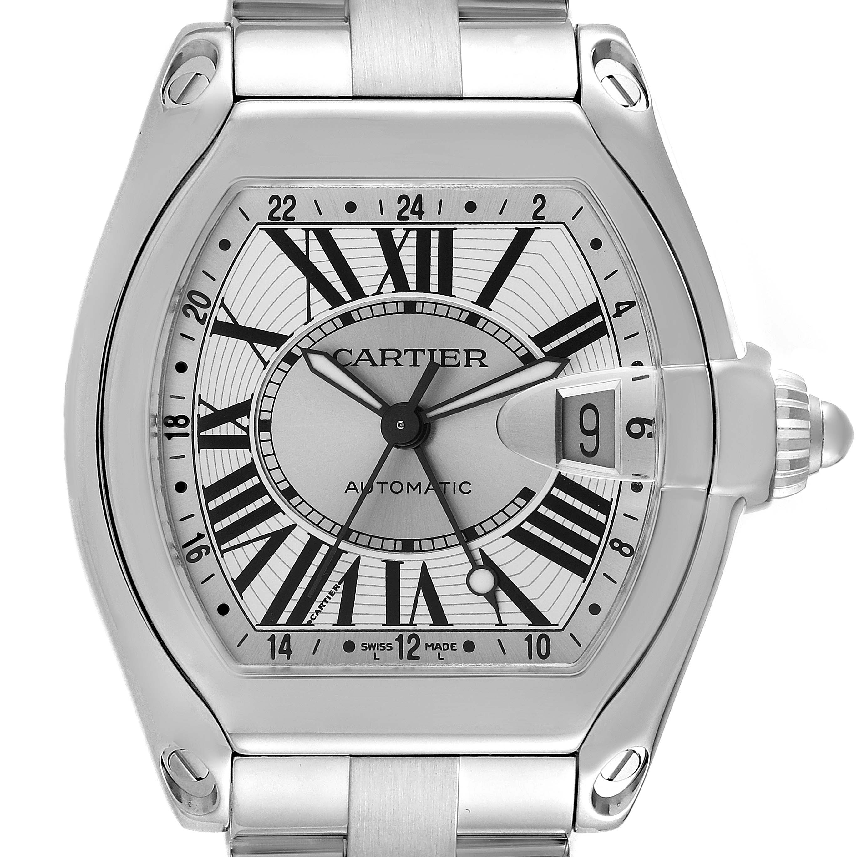 This image shows a front view of the Cartier Roadster W62032X6 Men's Stainless Steel Silver Dial W62032X6 Men's Stainless Steel Silver Dial watch, highlighting its dial, case, bracelet, and date window.
