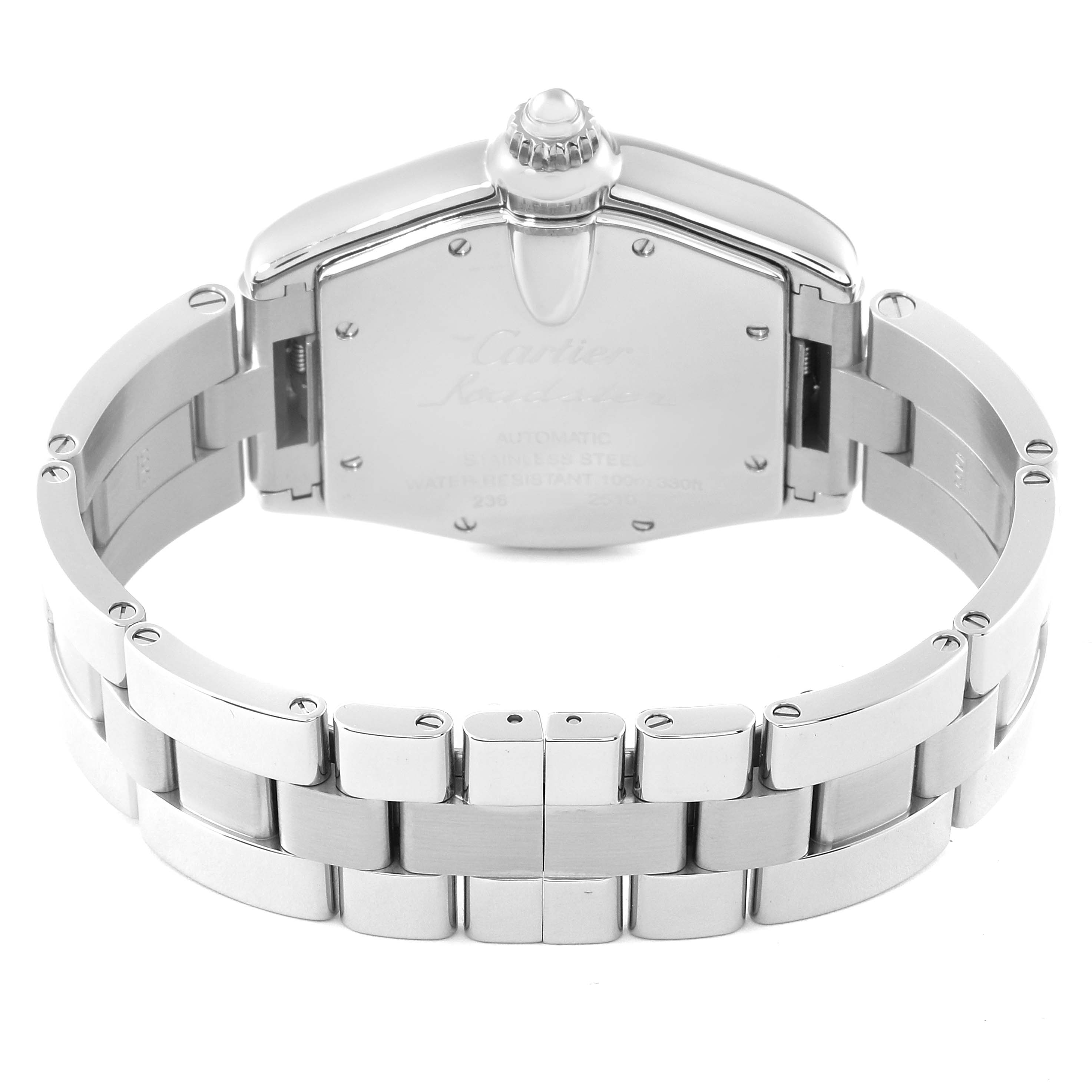 The image shows the back view of a Cartier Roadster W62025V3 Men's Stainless Steel Silver Dial W62025V3 Men's Stainless Steel Silver Dial watch, highlighting its stainless steel bracelet and case back.