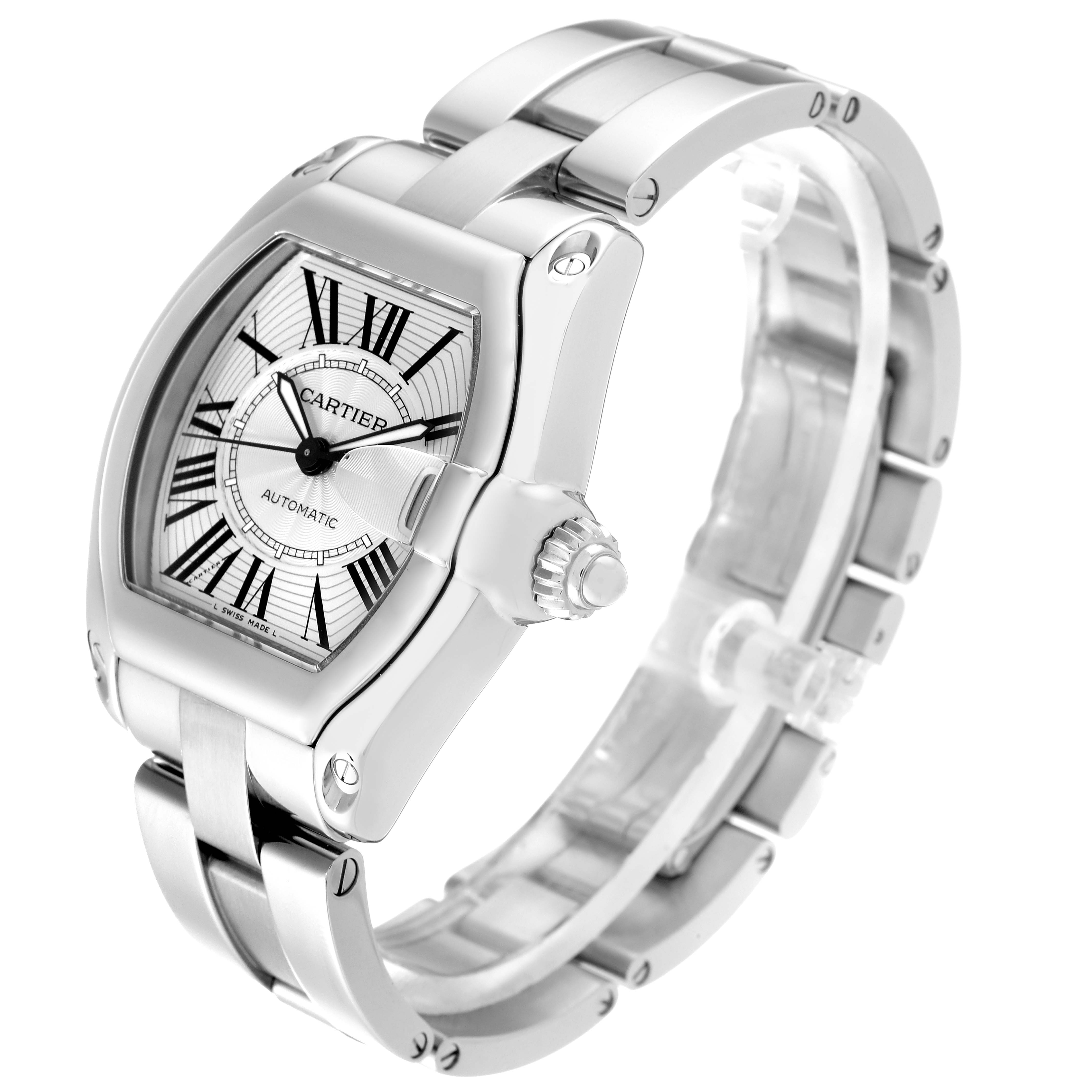 The image shows a Cartier Roadster W62025V3 Men's Stainless Steel Silver Dial W62025V3 Men's Stainless Steel Silver Dial model watch from a front-side angle, highlighting its face, case, crown, and bracelet.