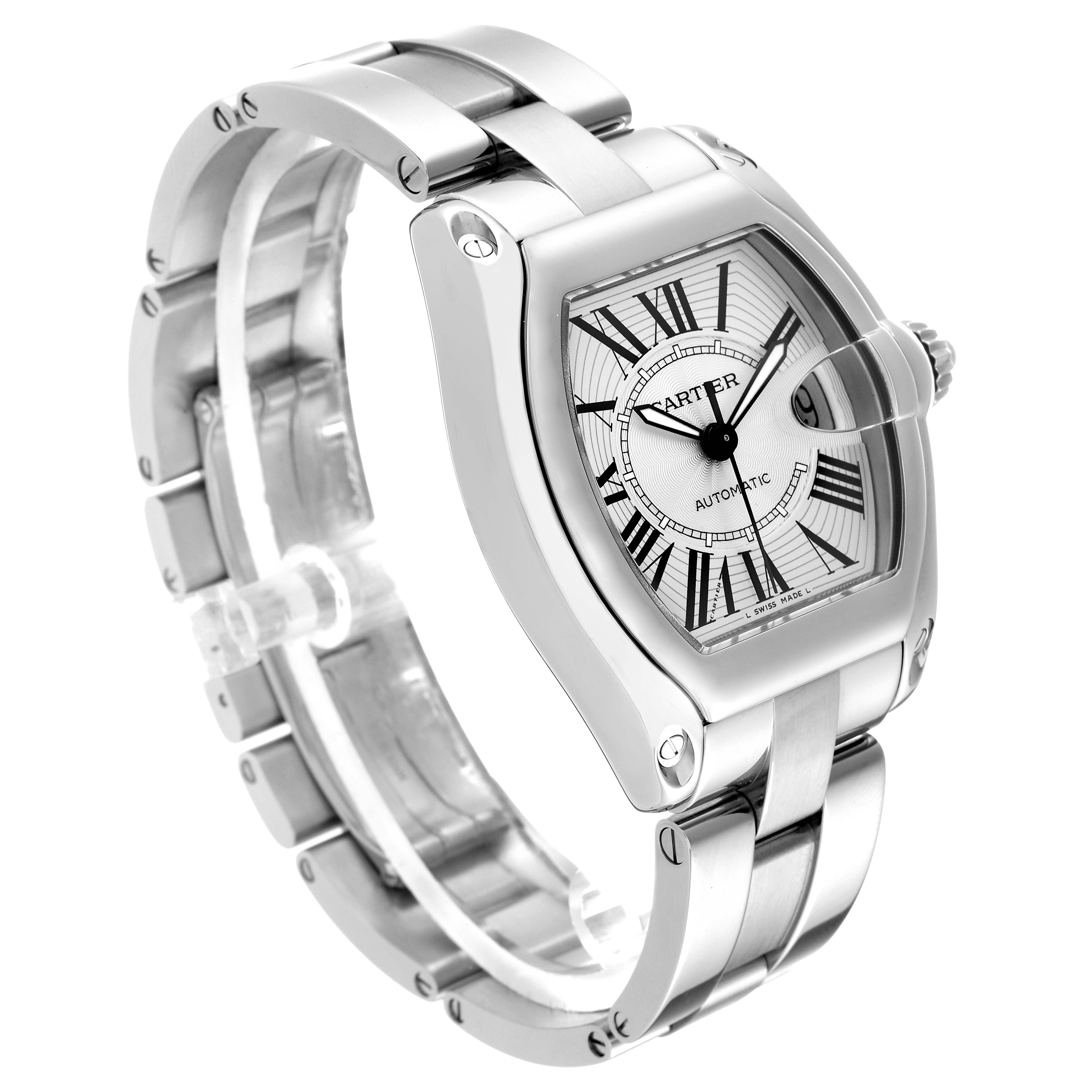 The Cartier Roadster W62025V3 Men's Stainless Steel Silver Dial W62025V3 Men's Stainless Steel Silver Dial watch is shown at a three-quarter angle, highlighting the face, bezel, and bracelet.