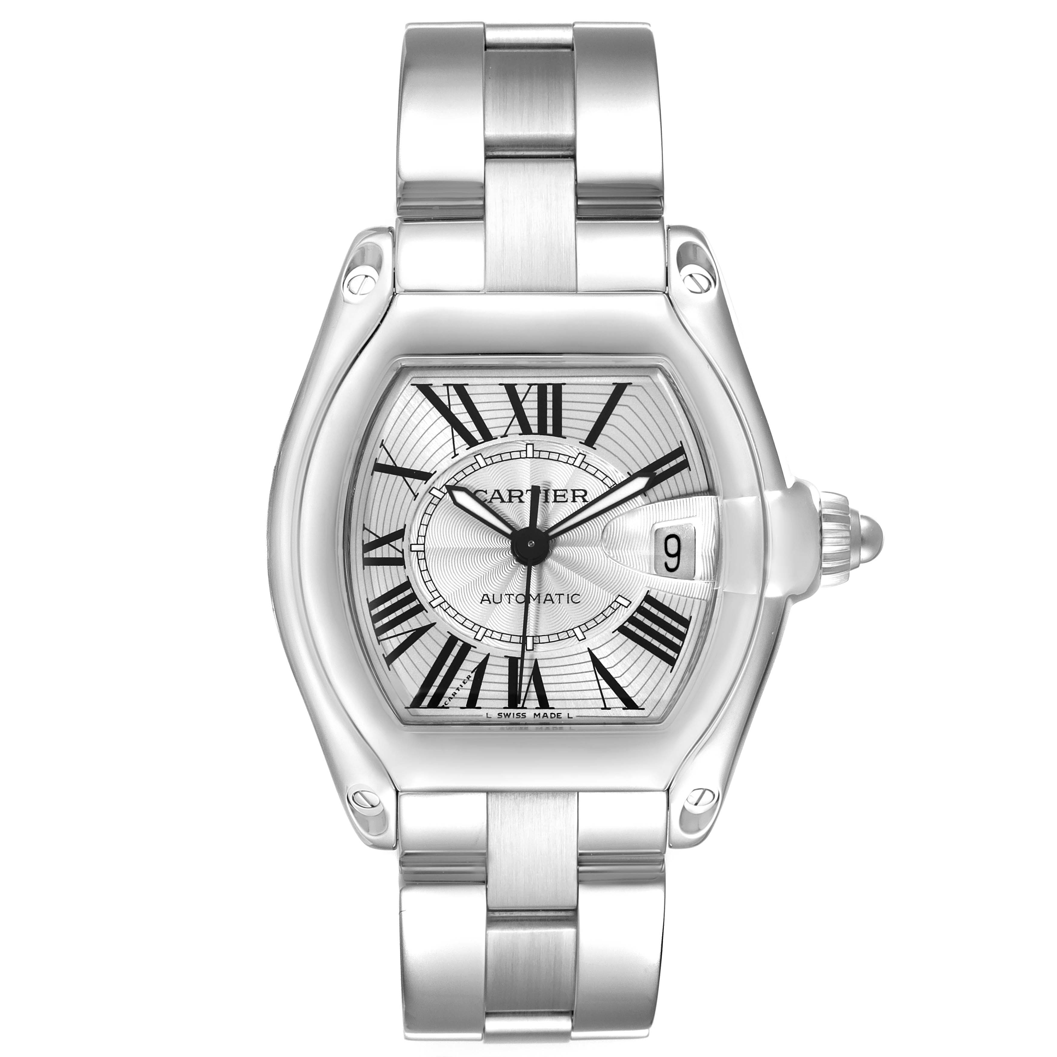 This image shows a front view of the Cartier Roadster W62025V3 Men's Stainless Steel Silver Dial W62025V3 Men's Stainless Steel Silver Dial watch, highlighting its face, dial, and metal bracelet.