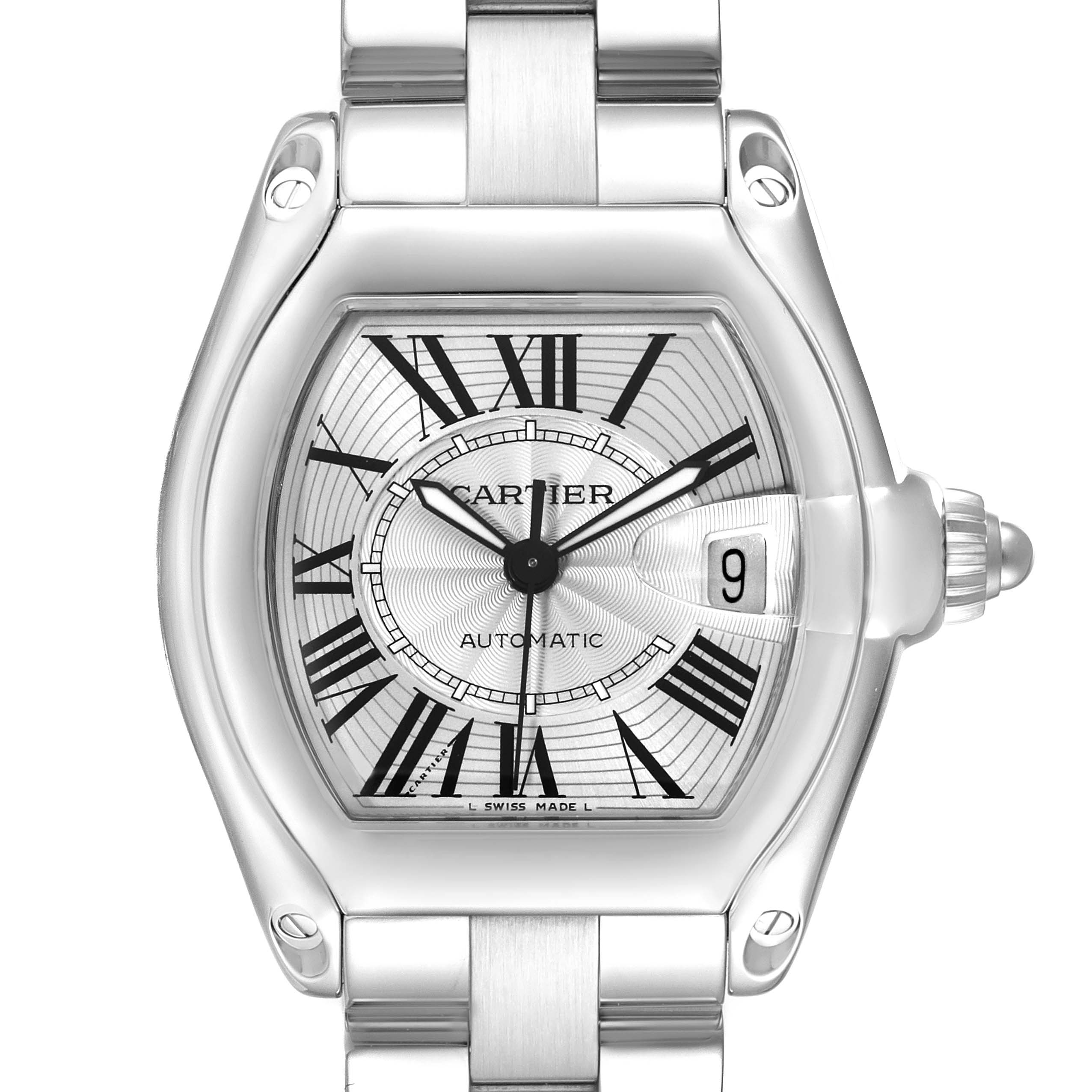 This image shows a front view of the Cartier Roadster W62025V3 Men's Stainless Steel Silver Dial W62025V3 Men's Stainless Steel Silver Dial watch, focusing on the dial, Roman numerals, date window, and bracelet.
