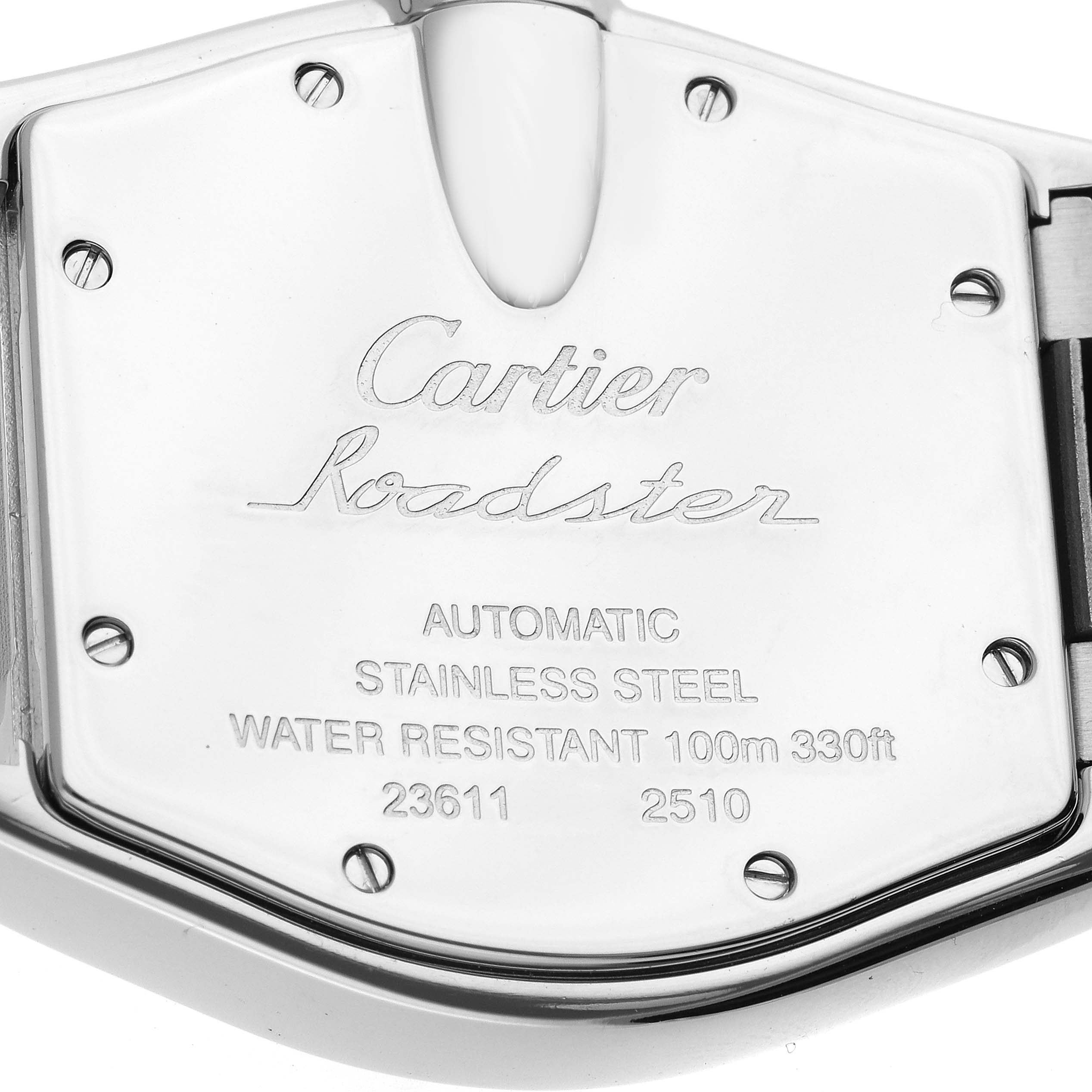 This image shows the back case of a Cartier Roadster W62025V3 Men's Stainless Steel Silver Dial W62025V3 Men's Stainless Steel Silver Dial watch, featuring engraved details about the model specifications.