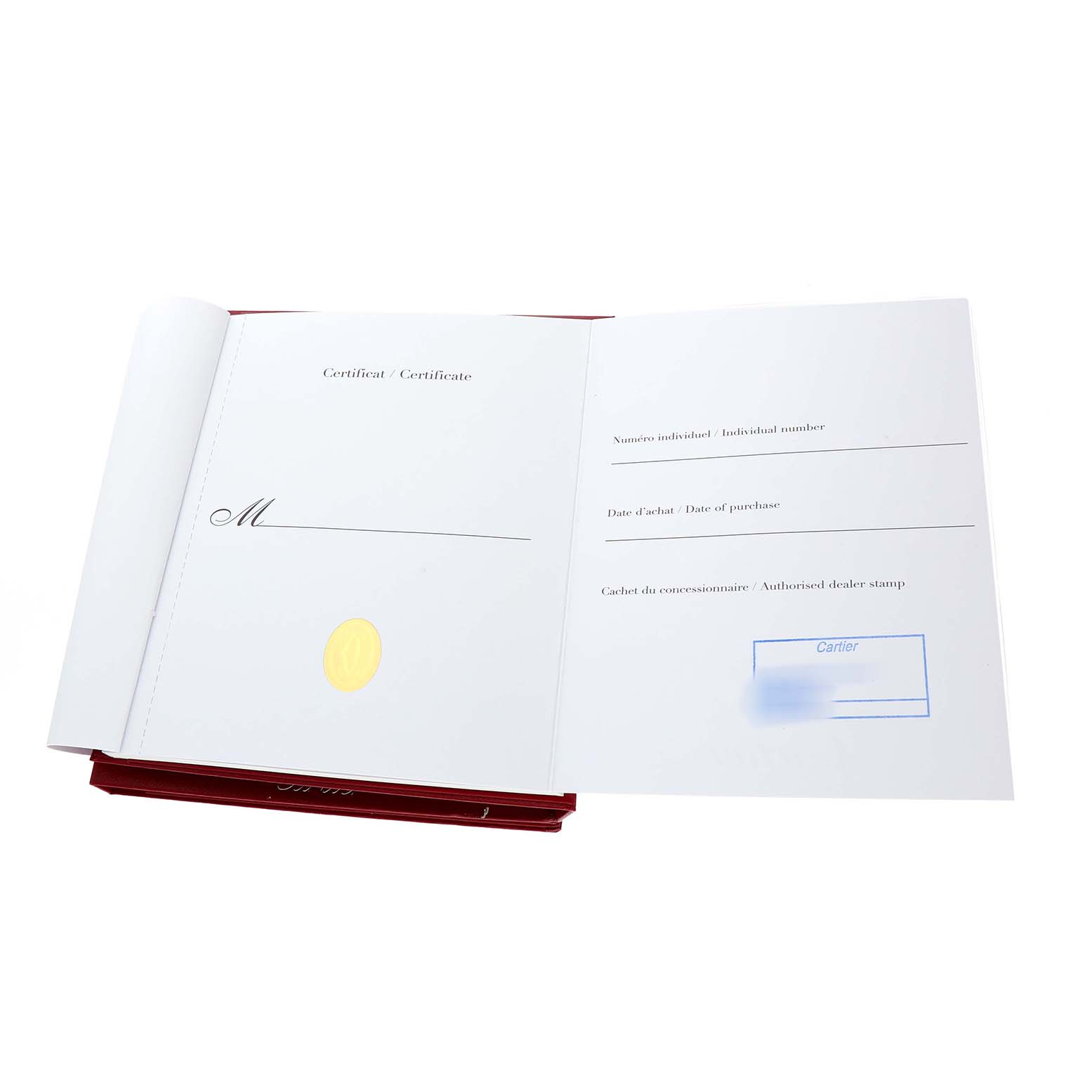 The image shows the open certificate and booklet for the Cartier Roadster W62020X6 Men's Stainless Steel Black Dial watch.