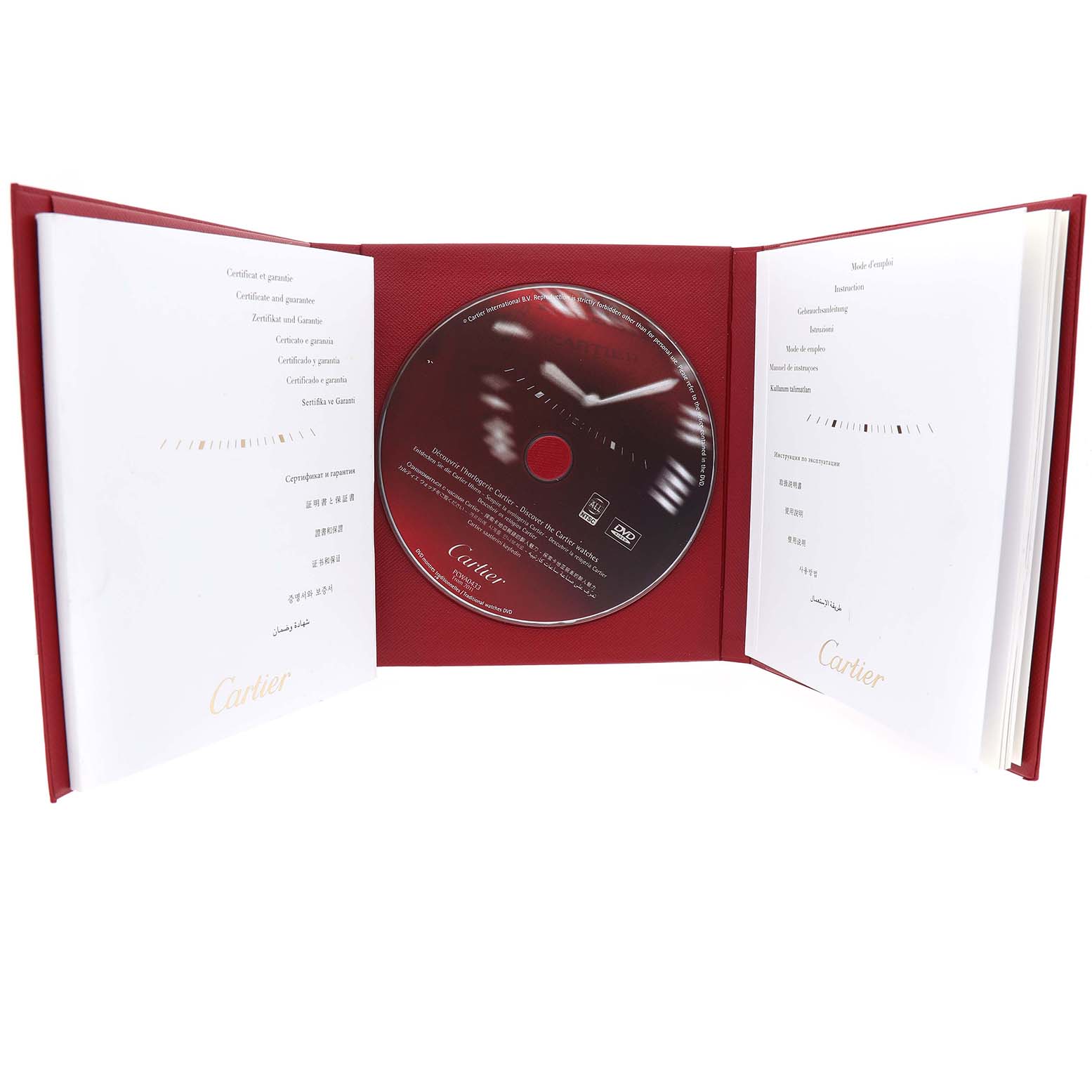 The image shows a Cartier Roadster W62020X6 Men's Stainless Steel Black Dial watch manual with warranty documents and a red-themed CD.