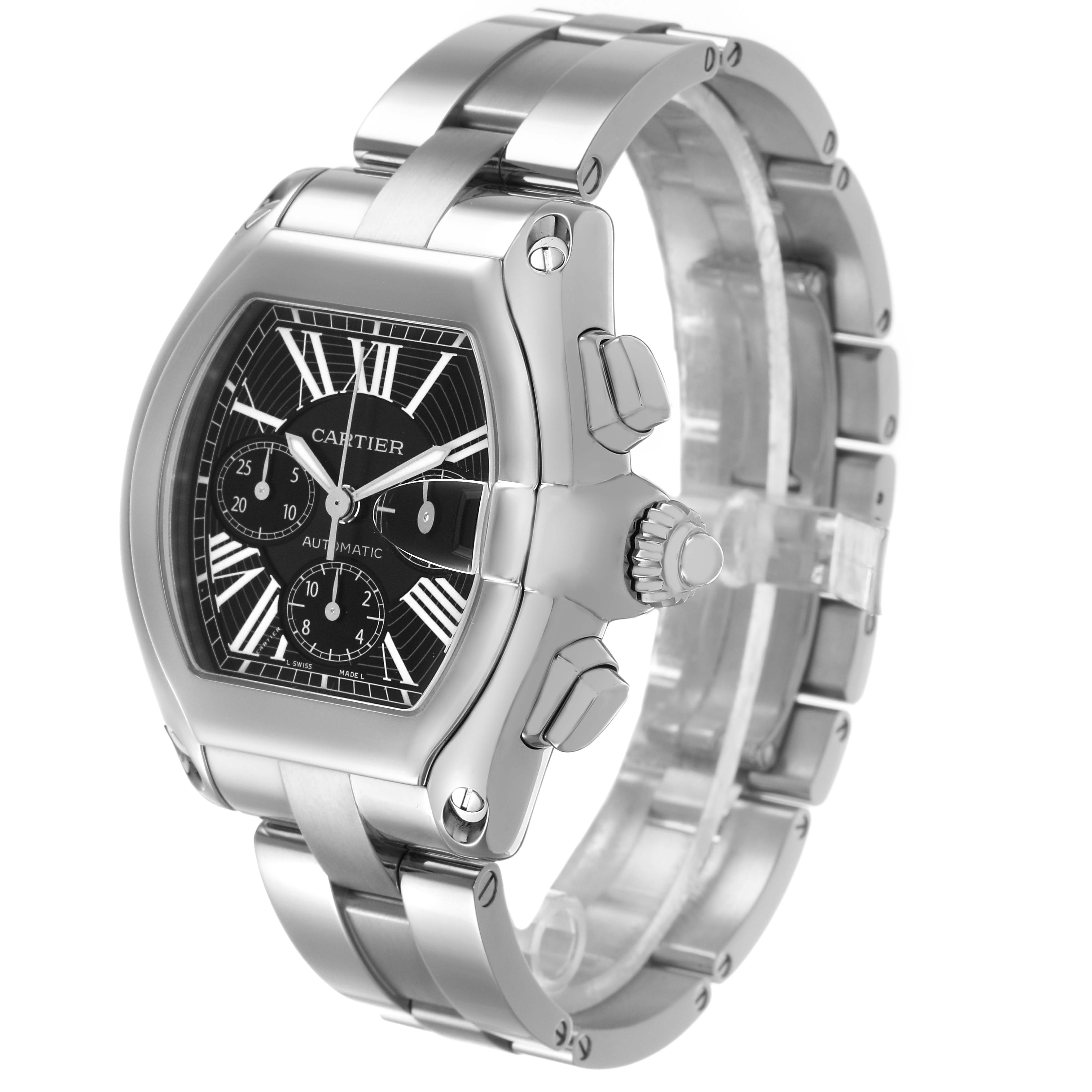 The Cartier Roadster W62020X6 Men's Stainless Steel Black Dial watch is shown at a three-quarter angle, highlighting the face, crown, and bracelet.