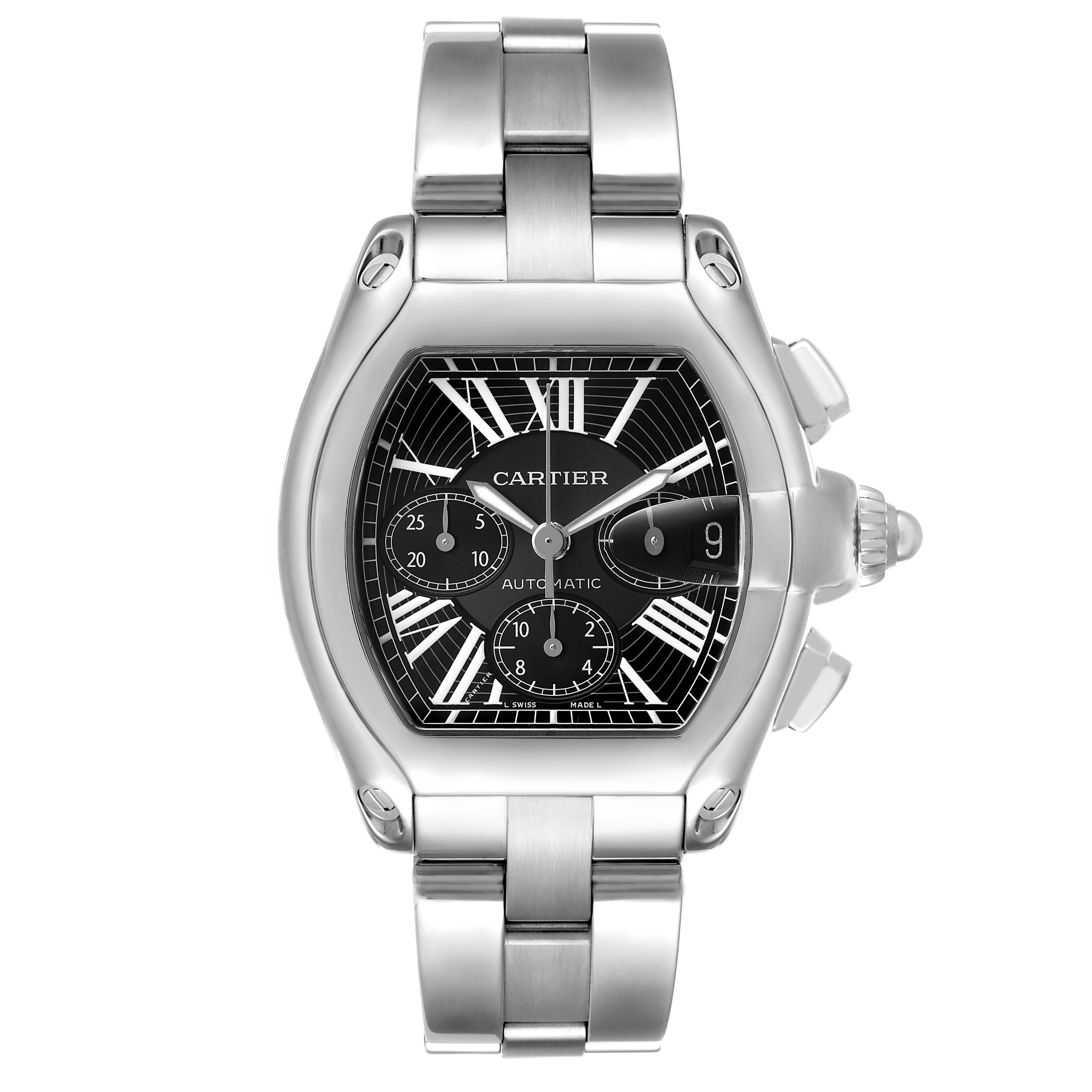 The Cartier Roadster W62020X6 Men's Stainless Steel Black Dial watch is shown from the front, displaying its dial, crown, and part of the metal bracelet.
