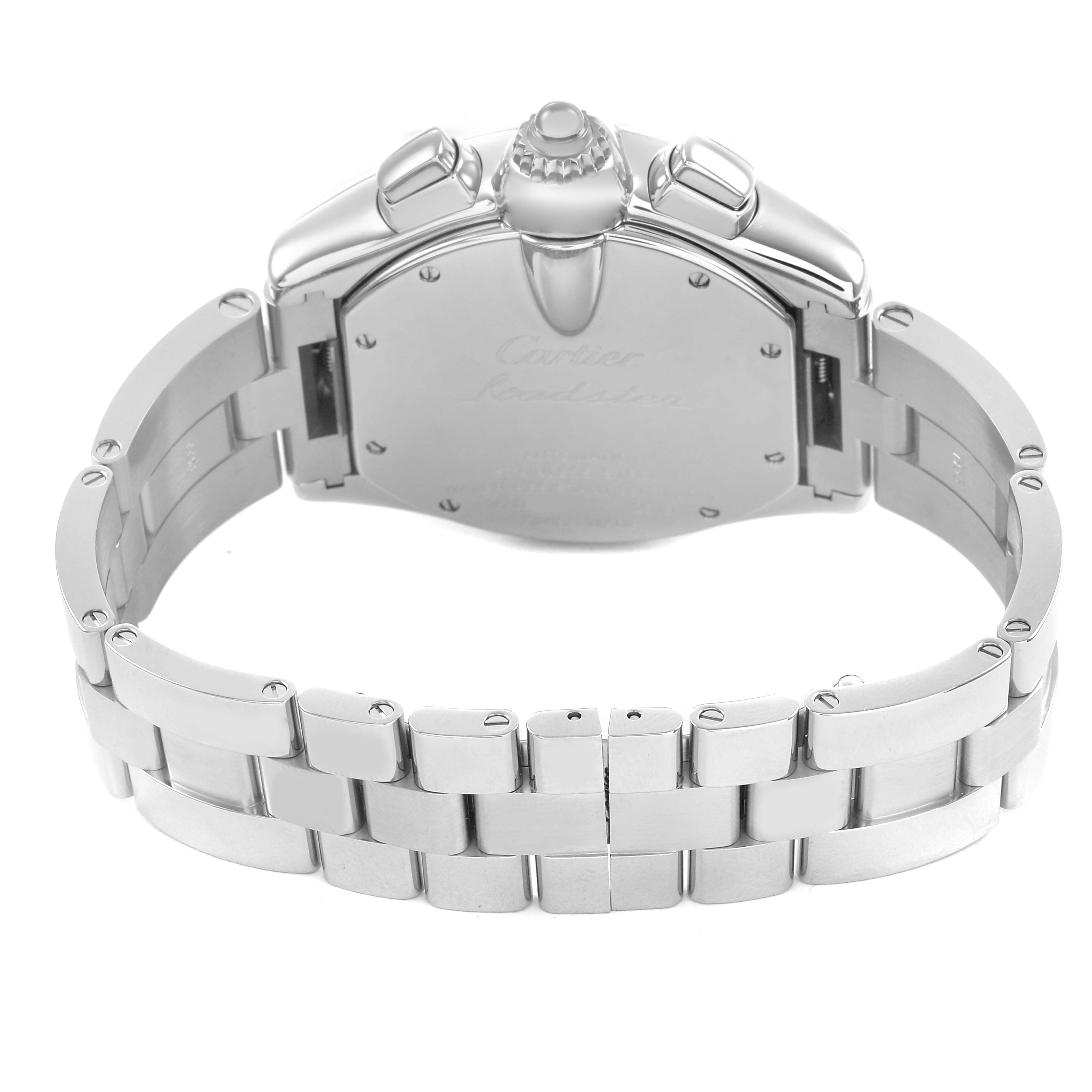 The Cartier Roadster W62020X6 Men's Stainless Steel Black Dial watch is shown from a rear angle, highlighting the stainless steel bracelet and the back of the watch case.