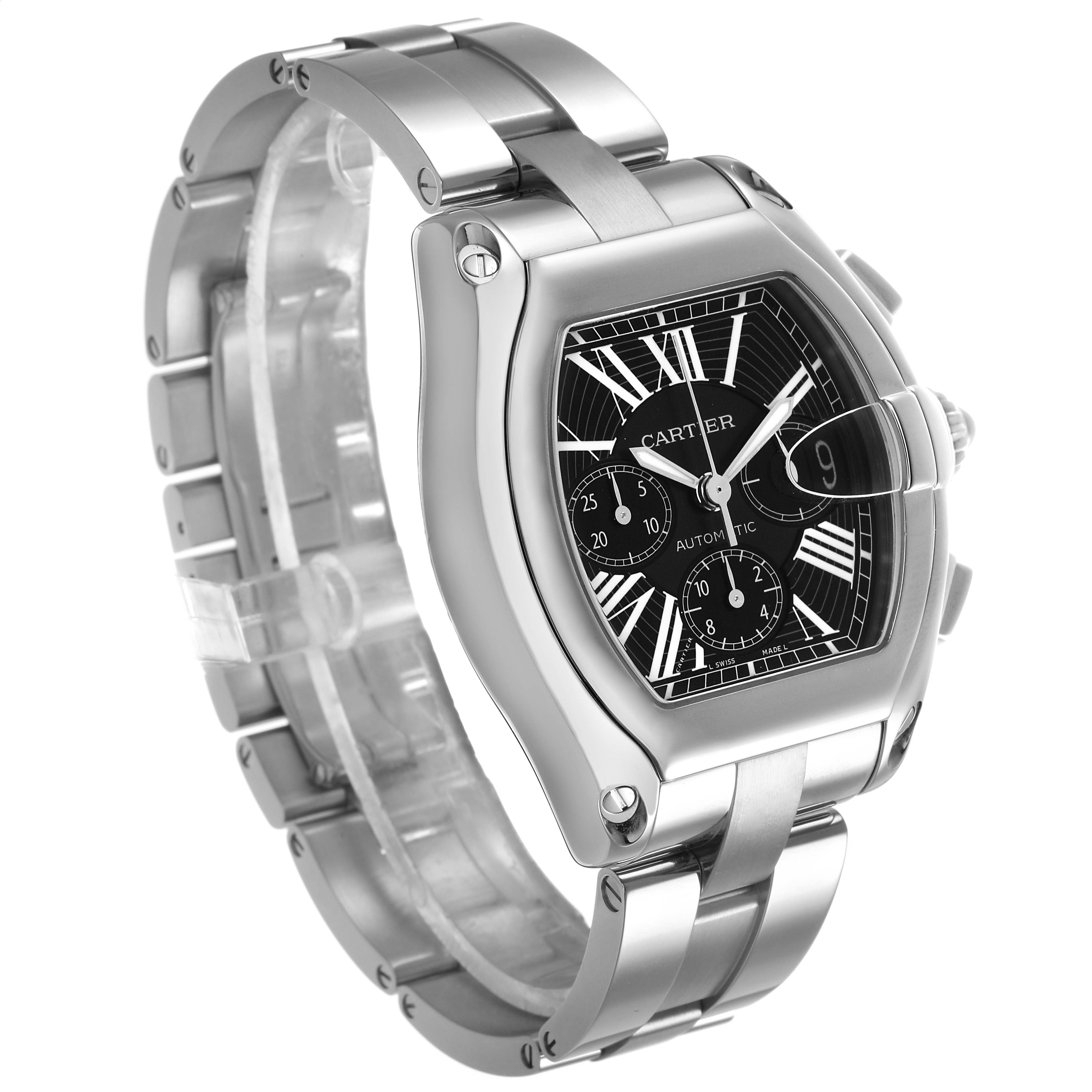 The Cartier Roadster W62020X6 Men's Stainless Steel Black Dial watch is shown from a front angle highlighting the face, case, and metal bracelet.