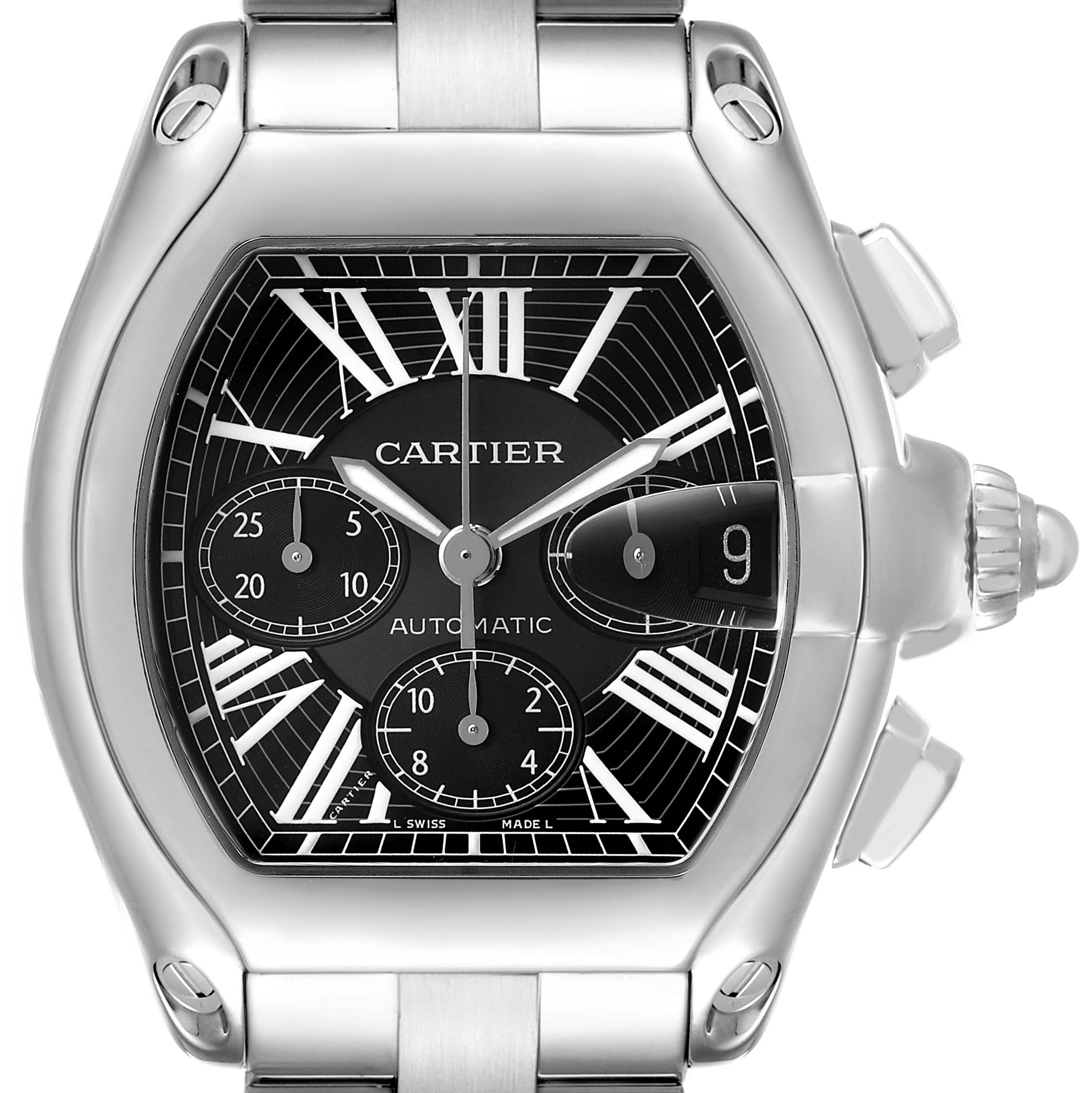 The Cartier Roadster W62020X6 Men's Stainless Steel Black Dial watch is shown from the front, highlighting its face, dial, and crown details.