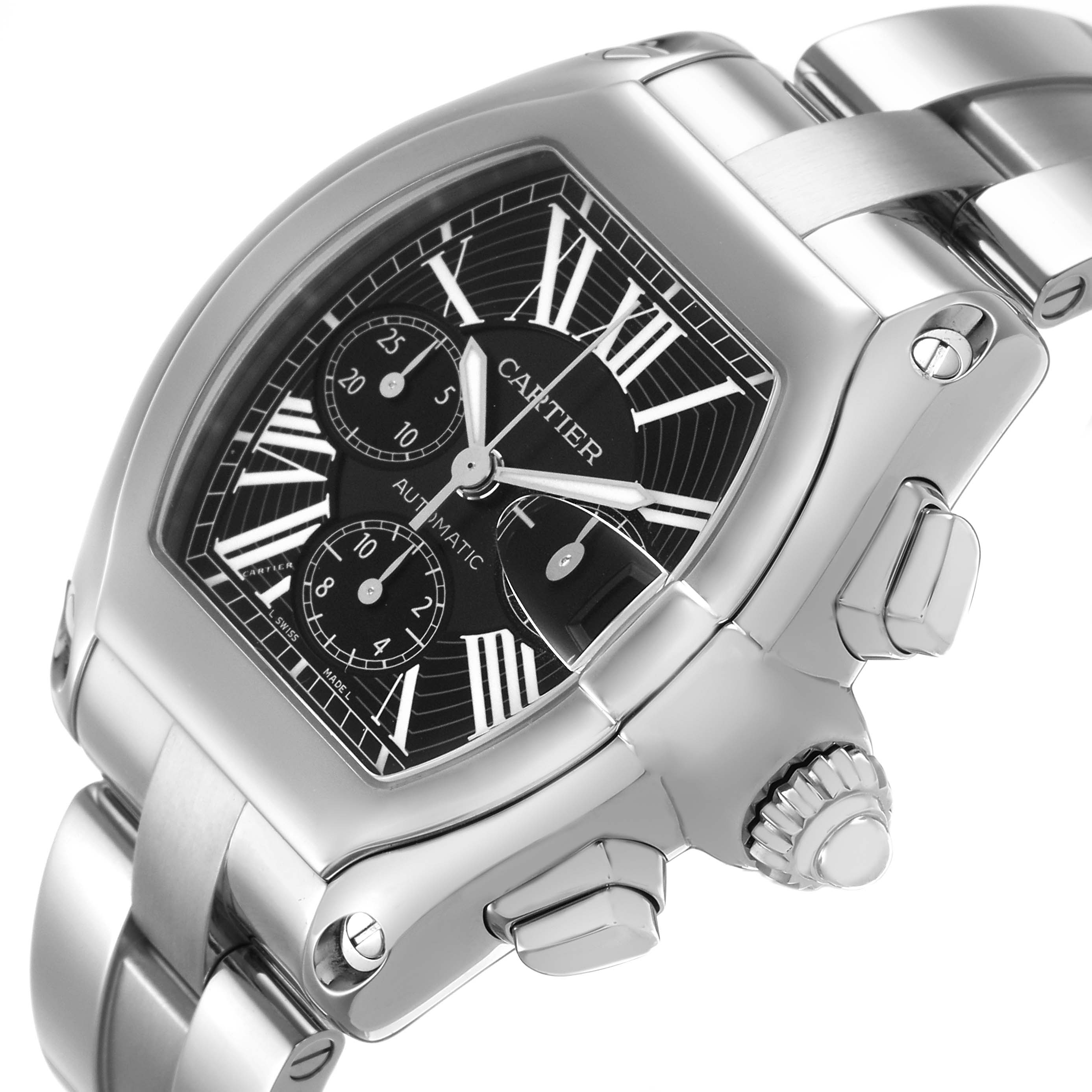 The Cartier Roadster W62020X6 Men's Stainless Steel Black Dial watch is shown at an angled view highlighting the face, crown, and part of the bracelet.