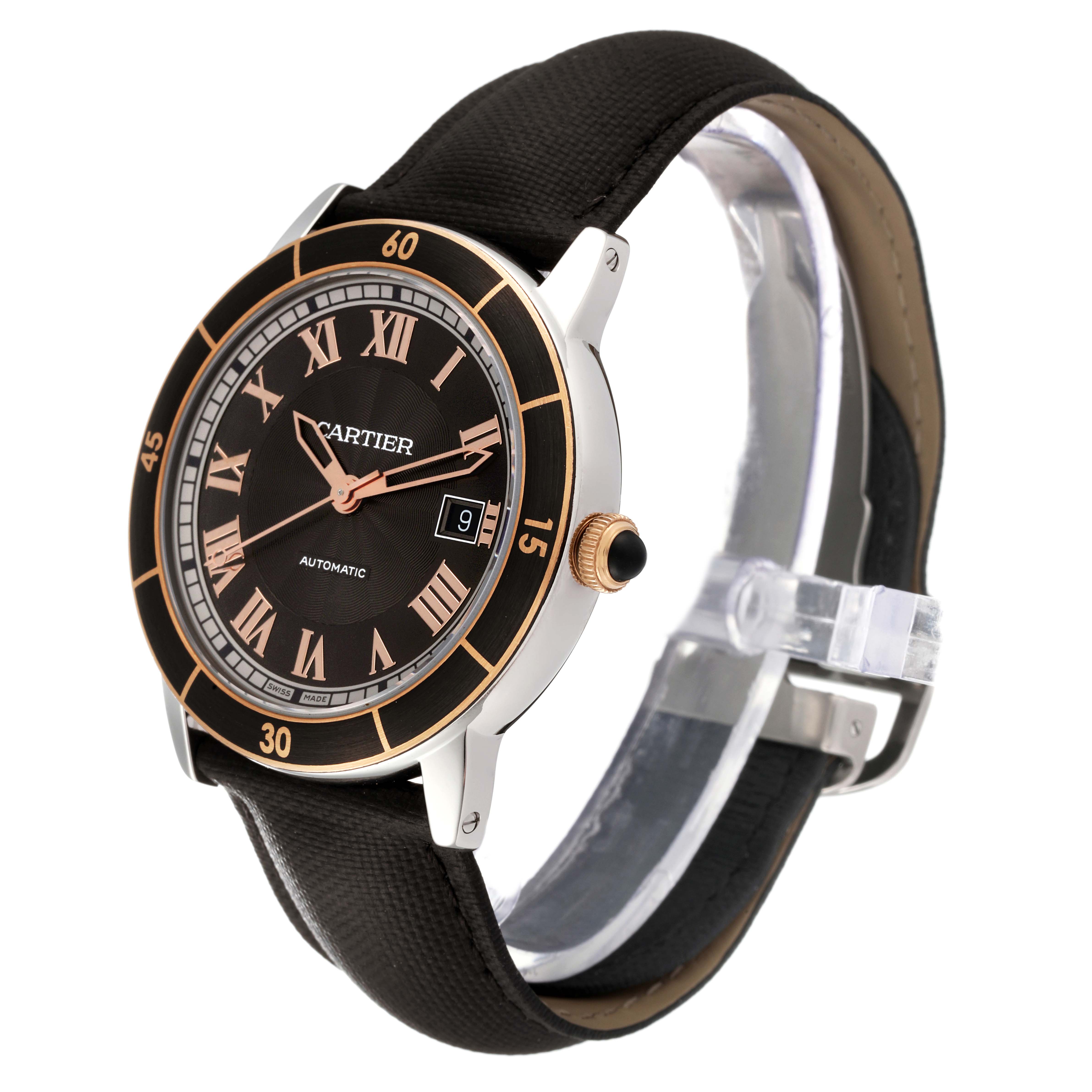 The Cartier Ronde W2RN0005 Men's Steel and Gold (two tone) Grey Dial W2RN0005 Men's Steel and Gold (two tone) Grey Dial watch is shown at a slight angle, displaying the dial, bezel, crown, and part of the strap.