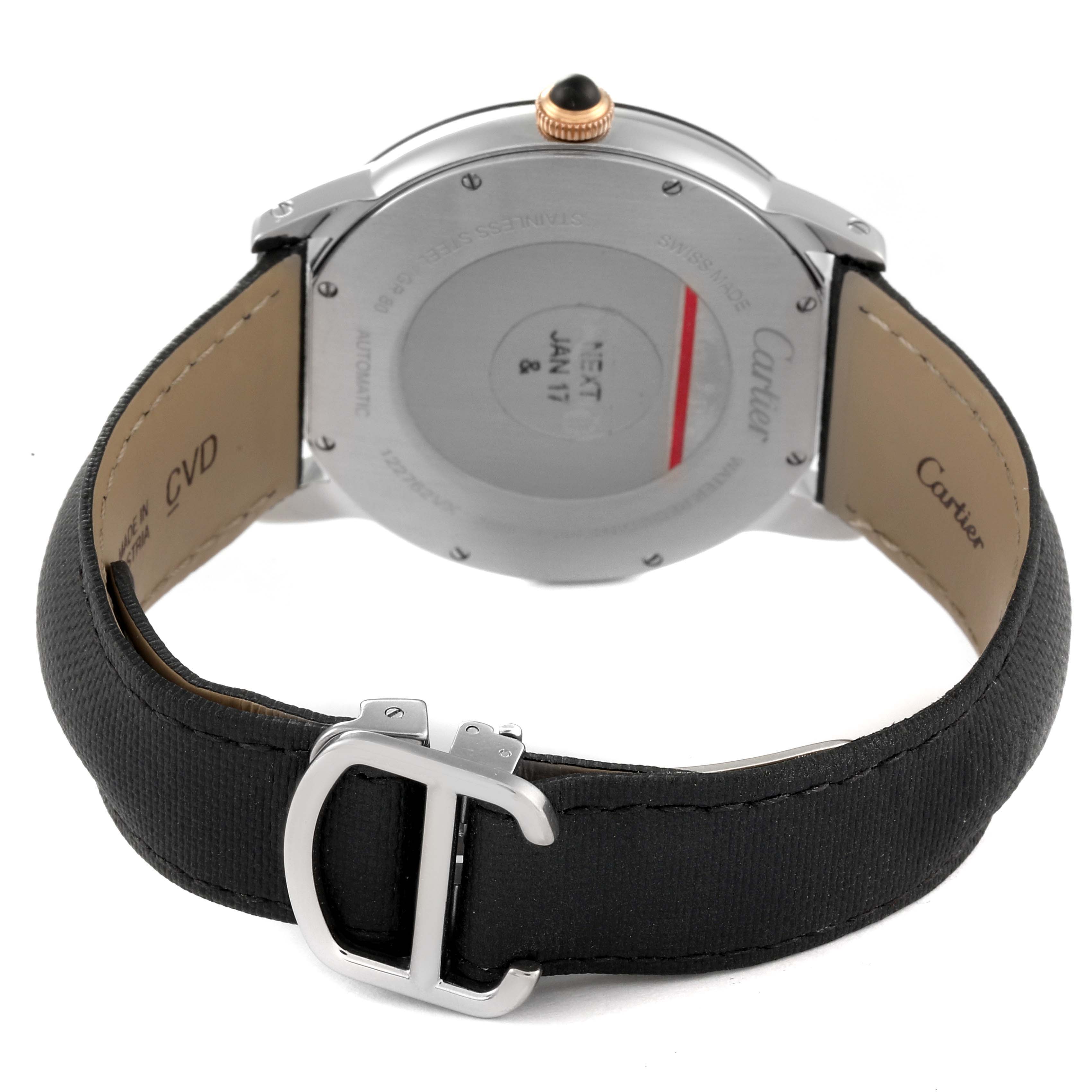 The image shows the back and clasp of a Cartier Ronde W2RN0005 Men's Steel and Gold (two tone) Grey Dial W2RN0005 Men's Steel and Gold (two tone) Grey Dial watch.