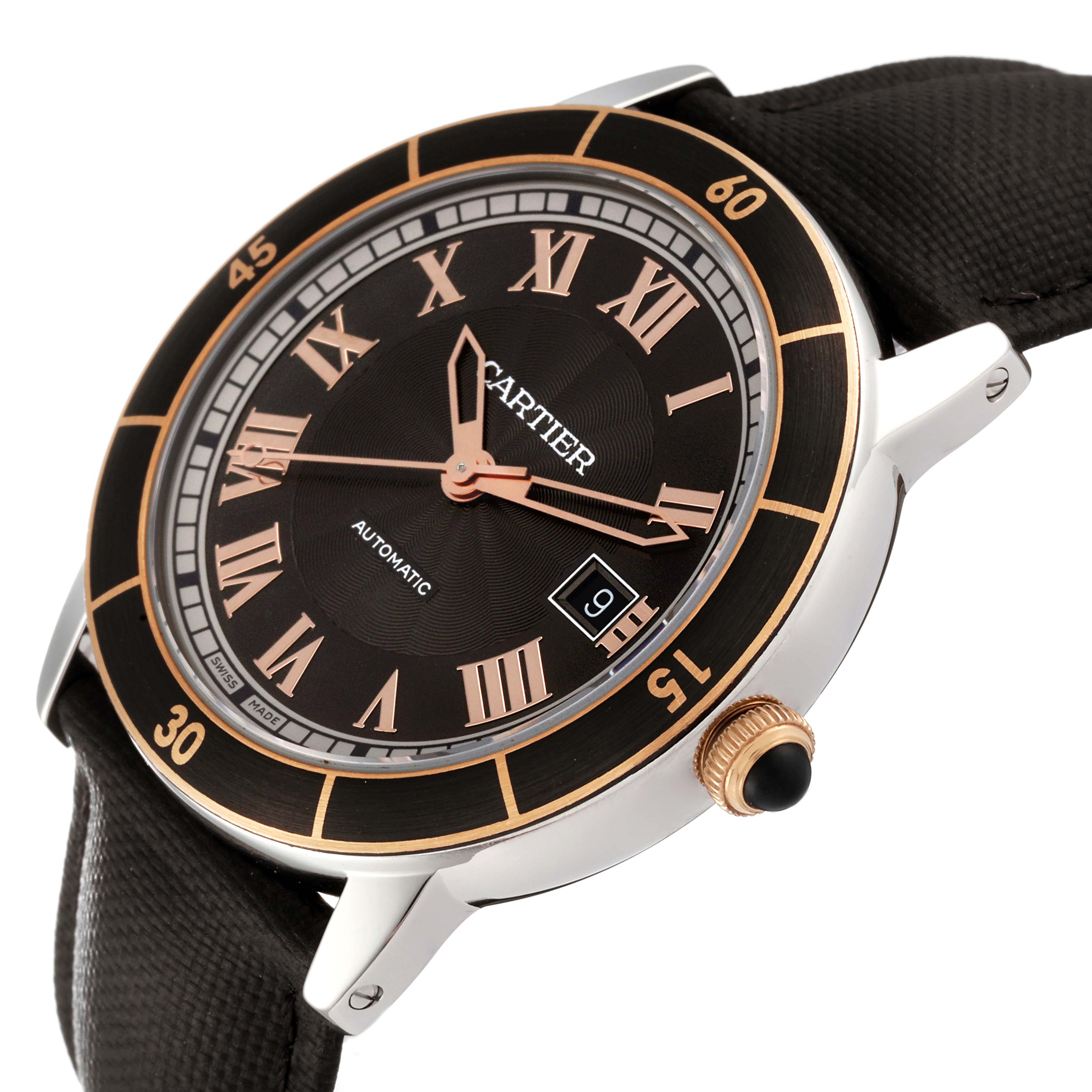 This image shows a close-up, angled view of the Cartier Ronde W2RN0005 Men's Steel and Gold (two tone) Grey Dial W2RN0005 Men's Steel and Gold (two tone) Grey Dial watch, highlighting the face, Roman numerals, hands, bezel, date window, and part of the strap.