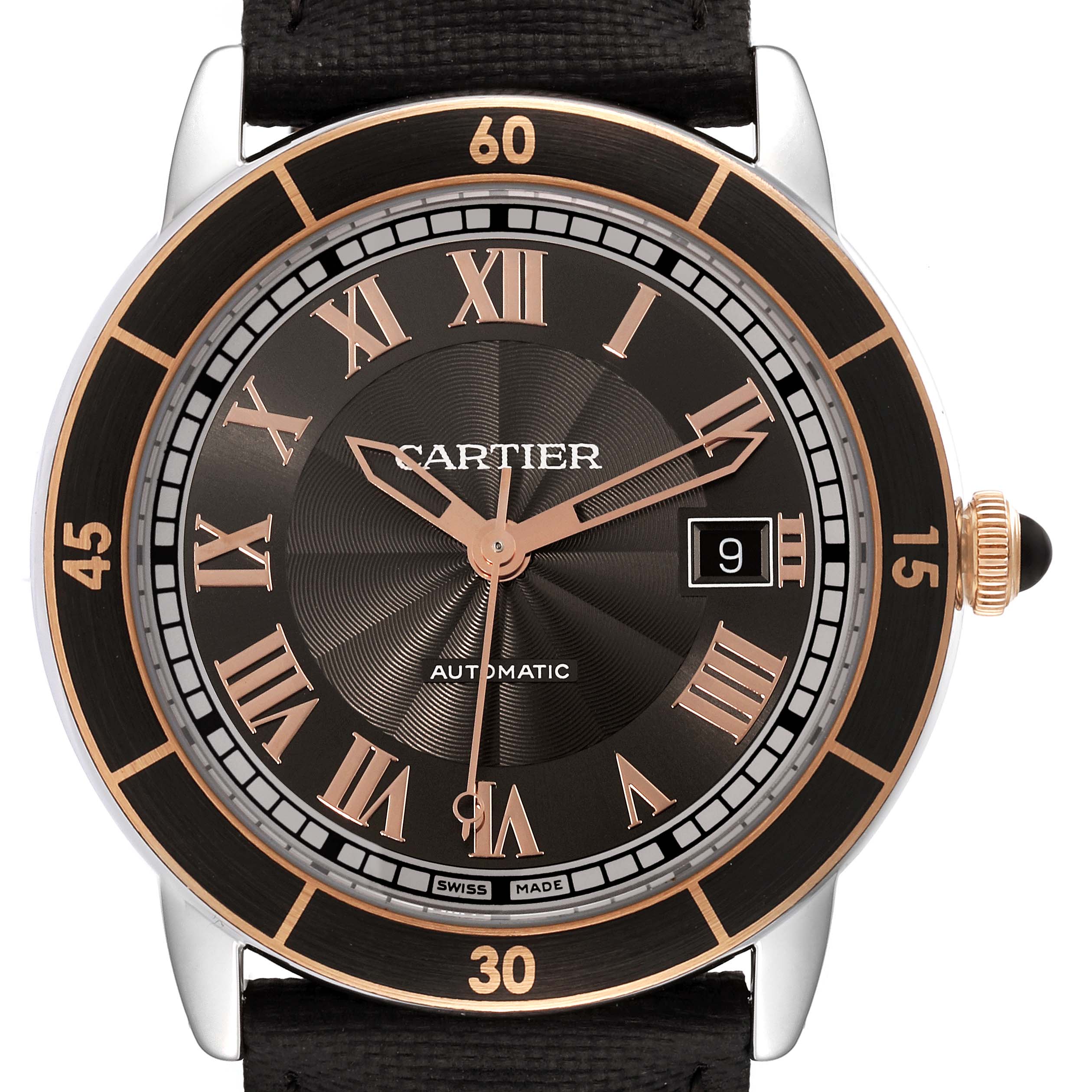 The image shows a close-up of the face of a Ronde model by Cartier, displaying the dial, hands, hour markers, and date window.