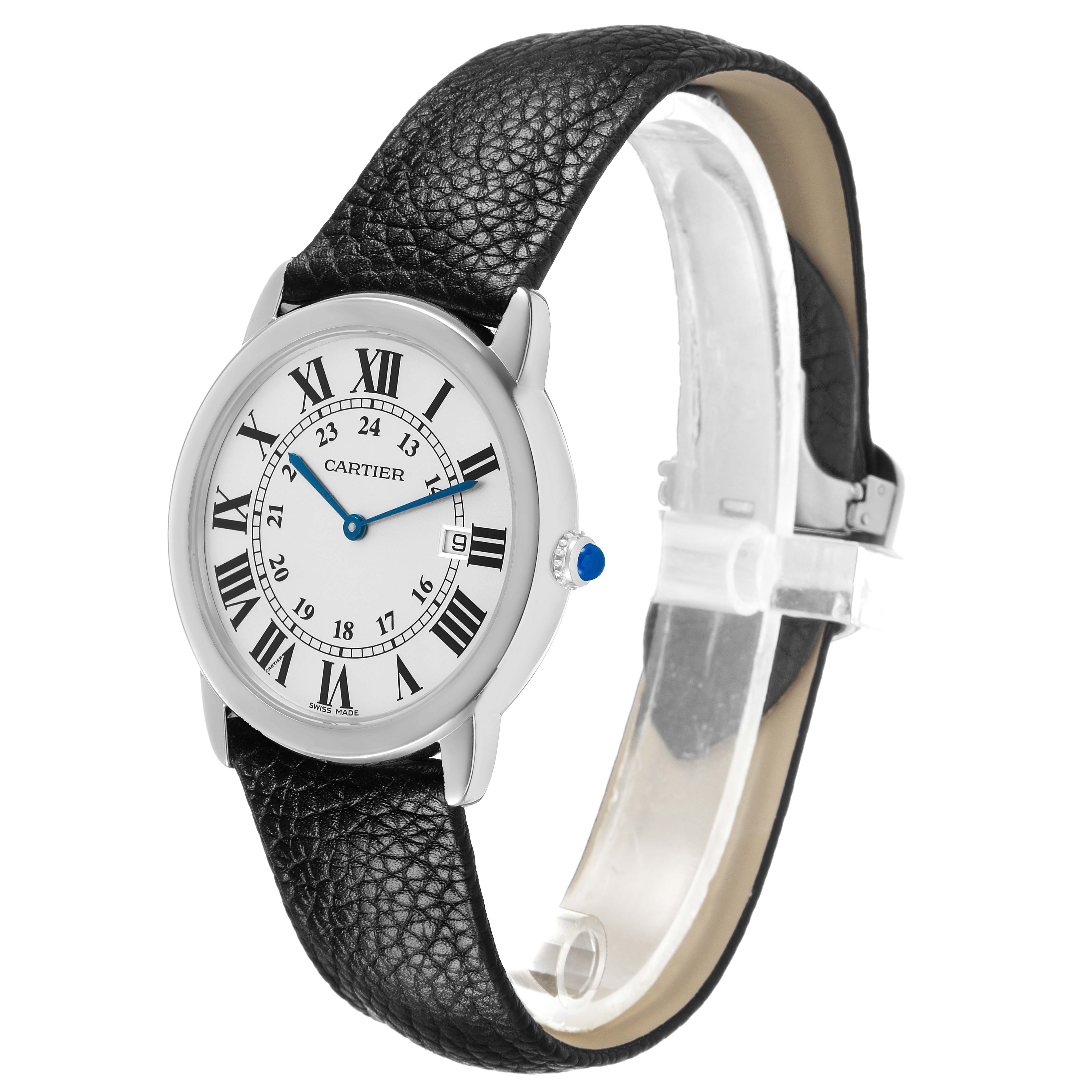 The Cartier Ronde W6701005 Men's Stainless Steel Silver Dial watch is shown at a three-quarter angle, displaying the face, strap, and crown with its blue cabochon detail.