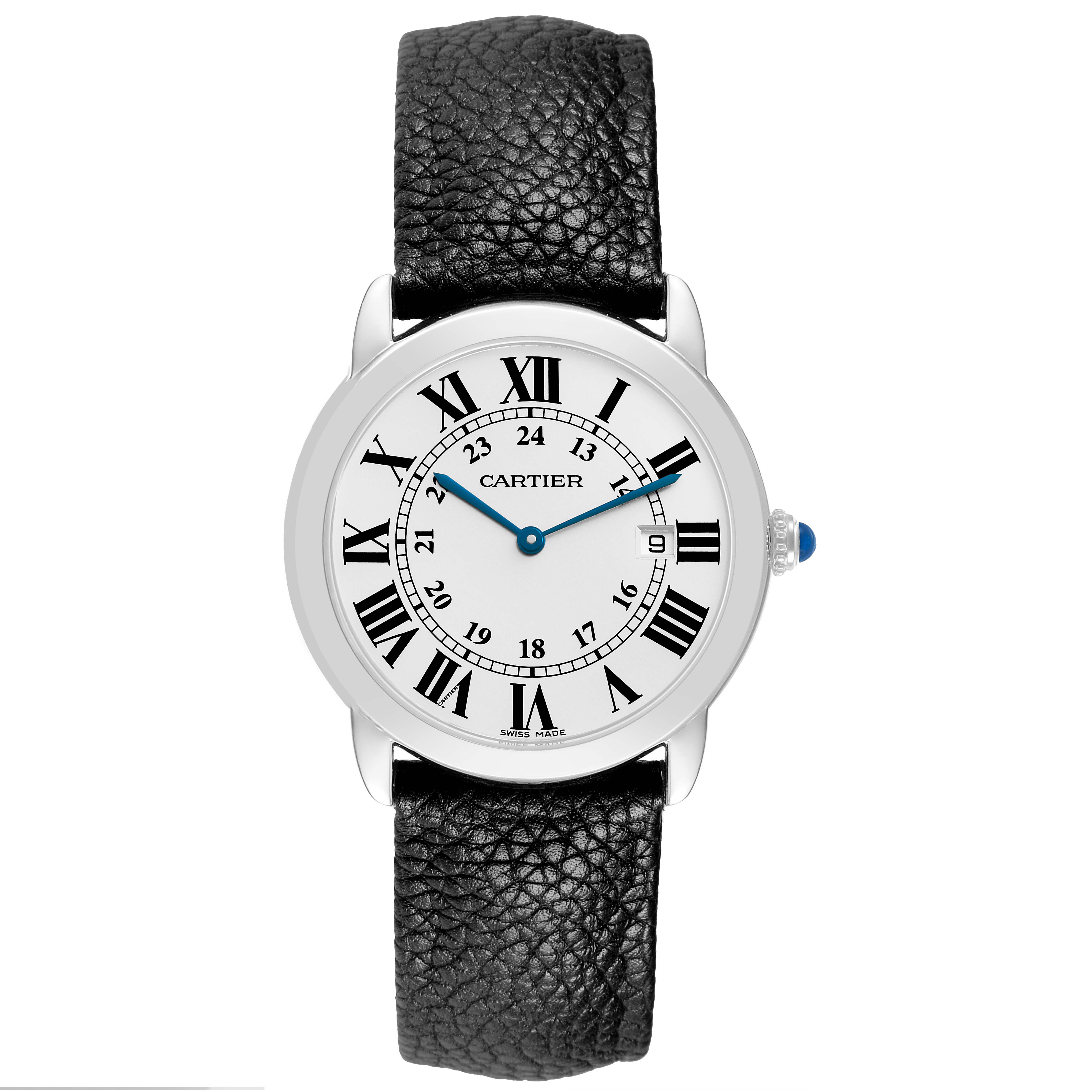 The Cartier Ronde W6701005 Men's Stainless Steel Silver Dial watch is shown from a top-down angle, displaying its face, Roman numerals, blue hands, and textured black leather strap.