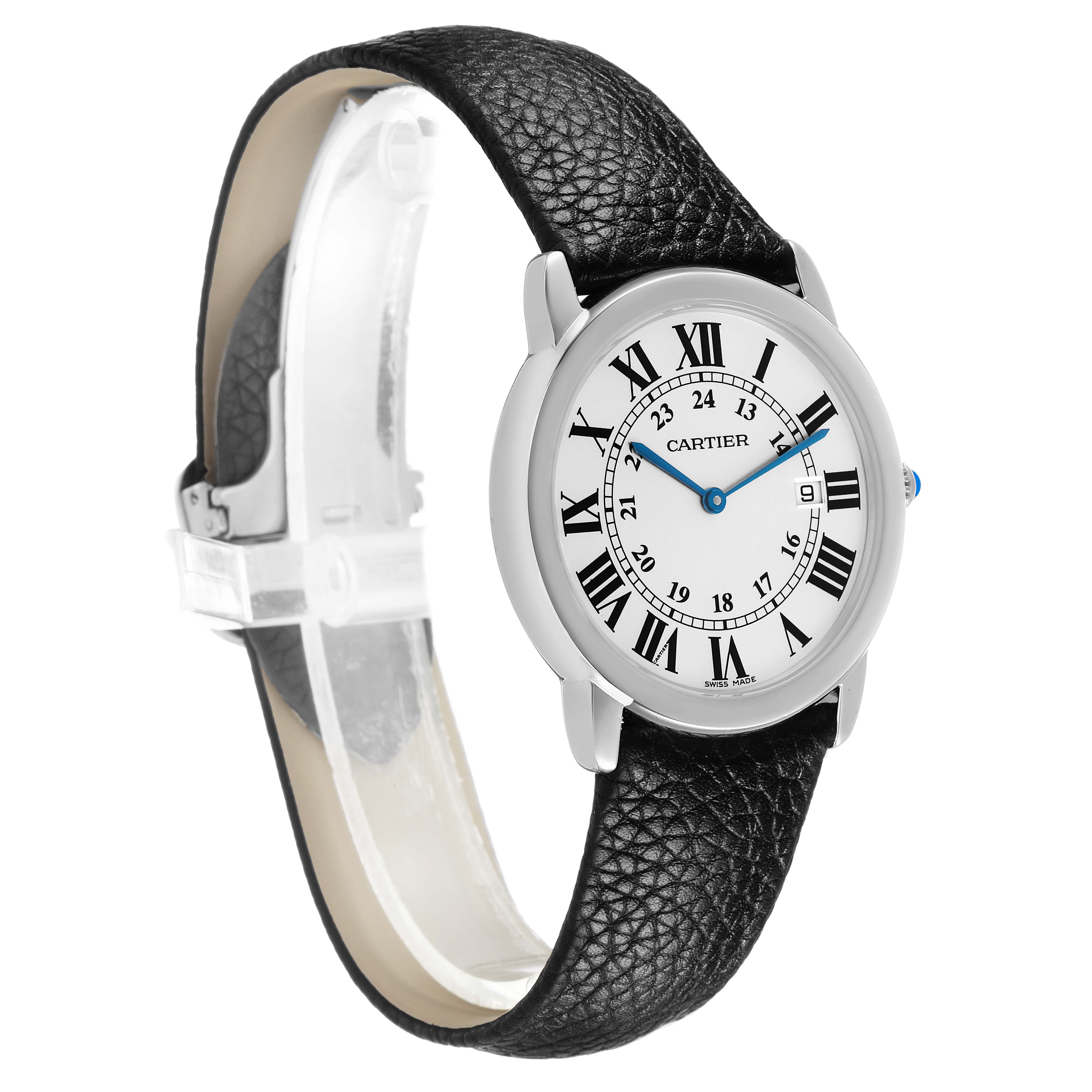 The Cartier Ronde W6701005 Men's Stainless Steel Silver Dial watch is shown at a slight side angle, displaying the face, Roman numerals, blue hands, and black leather strap.