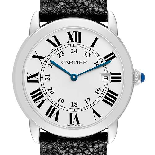 The Cartier Ronde W6701005 Men's Stainless Steel Silver Dial watch is shown from a top-down angle, displaying its face, Roman numerals, hands, and a leather strap.