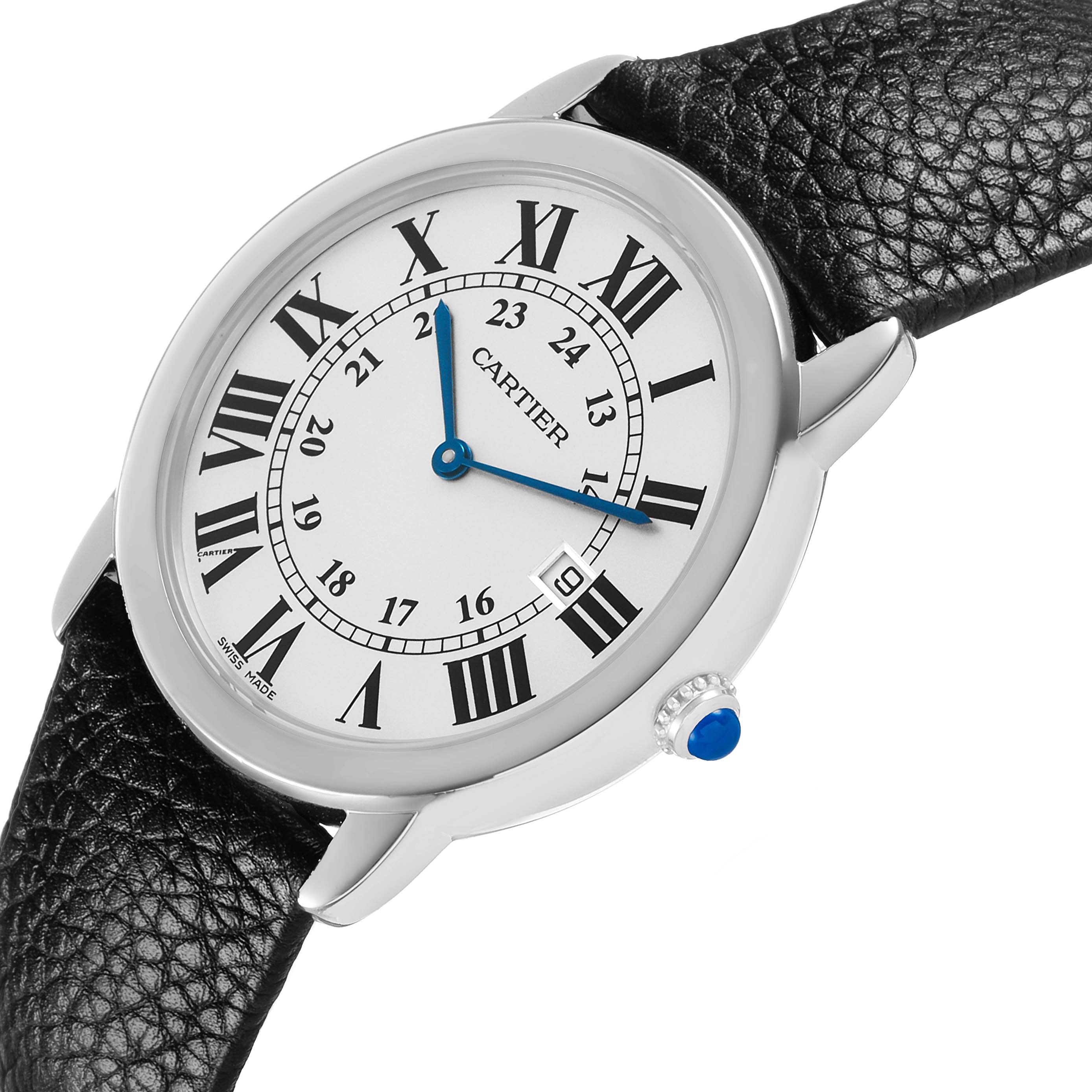 The Cartier Ronde W6701005 Men's Stainless Steel Silver Dial model is shown at an angled top view highlighting the face, Roman numerals, hands, case, and crown.