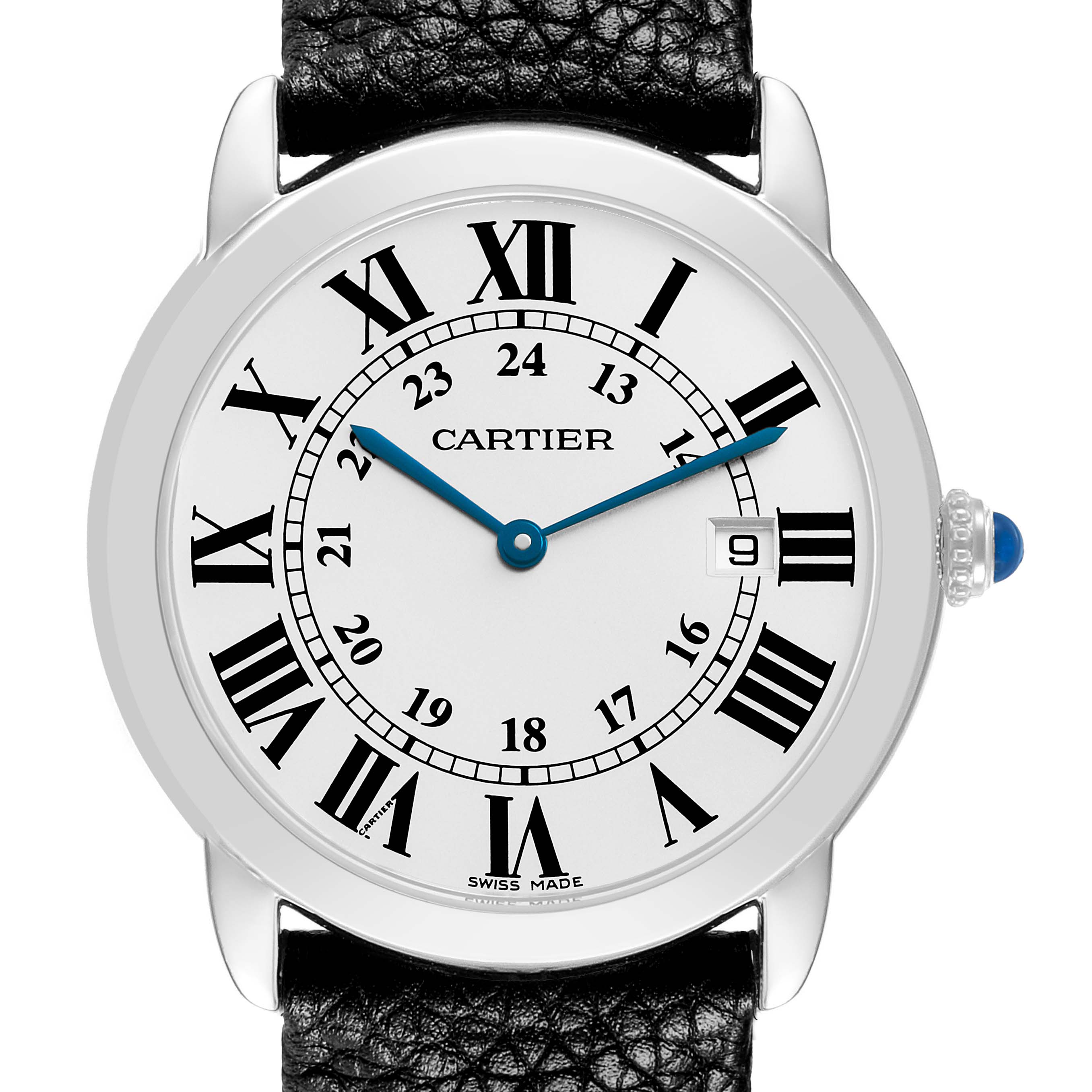 The Cartier Ronde W6701005 Men's Stainless Steel Silver Dial watch is shown from a front angle, highlighting the dial, Roman numerals, and blue hands.