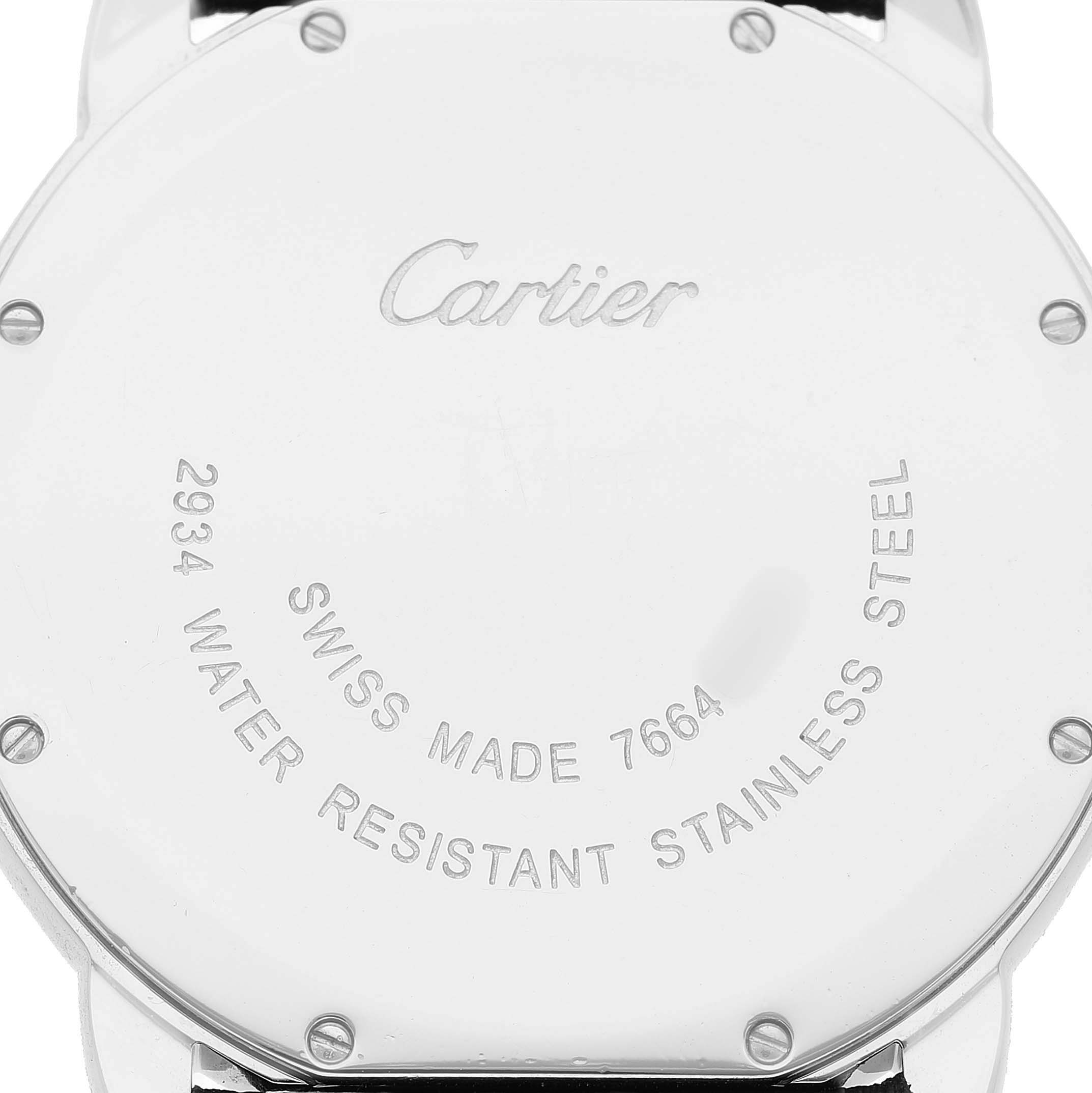 The image shows the back case of a Cartier Ronde W6701005 Men's Stainless Steel Silver Dial watch, highlighting its stainless steel and engravings.
