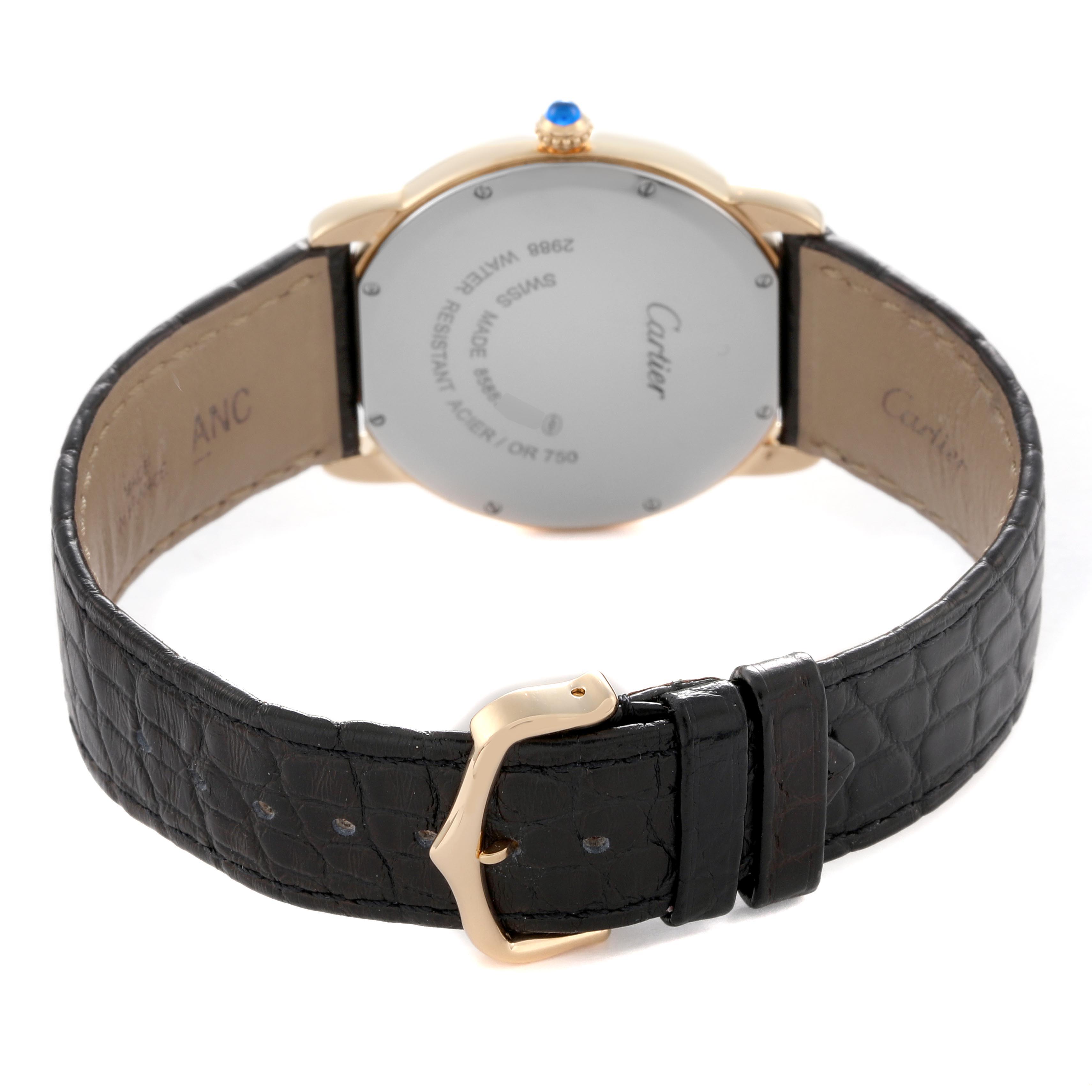 The Cartier Ronde W6700455 Men's Steel and Gold (two tone) Silver Dial W6700455 Men's Steel and Gold (two tone) Silver Dial watch is shown from the back, displaying the case back, strap, buckle, and crown.