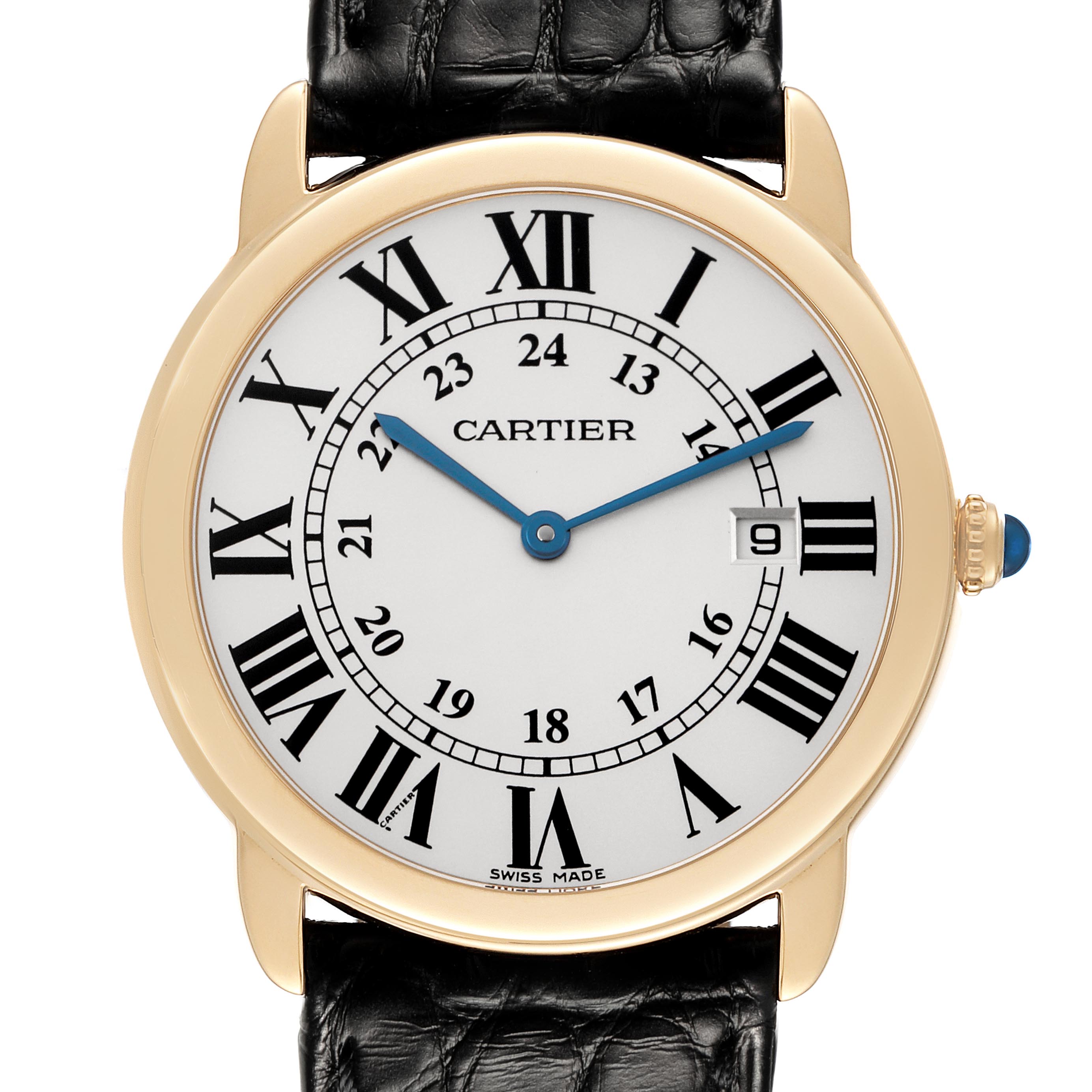 The Cartier Ronde W6700455 Men's Steel and Gold (two tone) Silver Dial W6700455 Men's Steel and Gold (two tone) Silver Dial watch is shown from the front, displaying its dial, Roman numerals, blue hands, date window, and black leather strap.