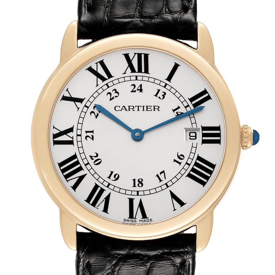 The Cartier Ronde watch is shown from the front, displaying its dial, Roman numerals, blue hands, date window, and black leather strap.