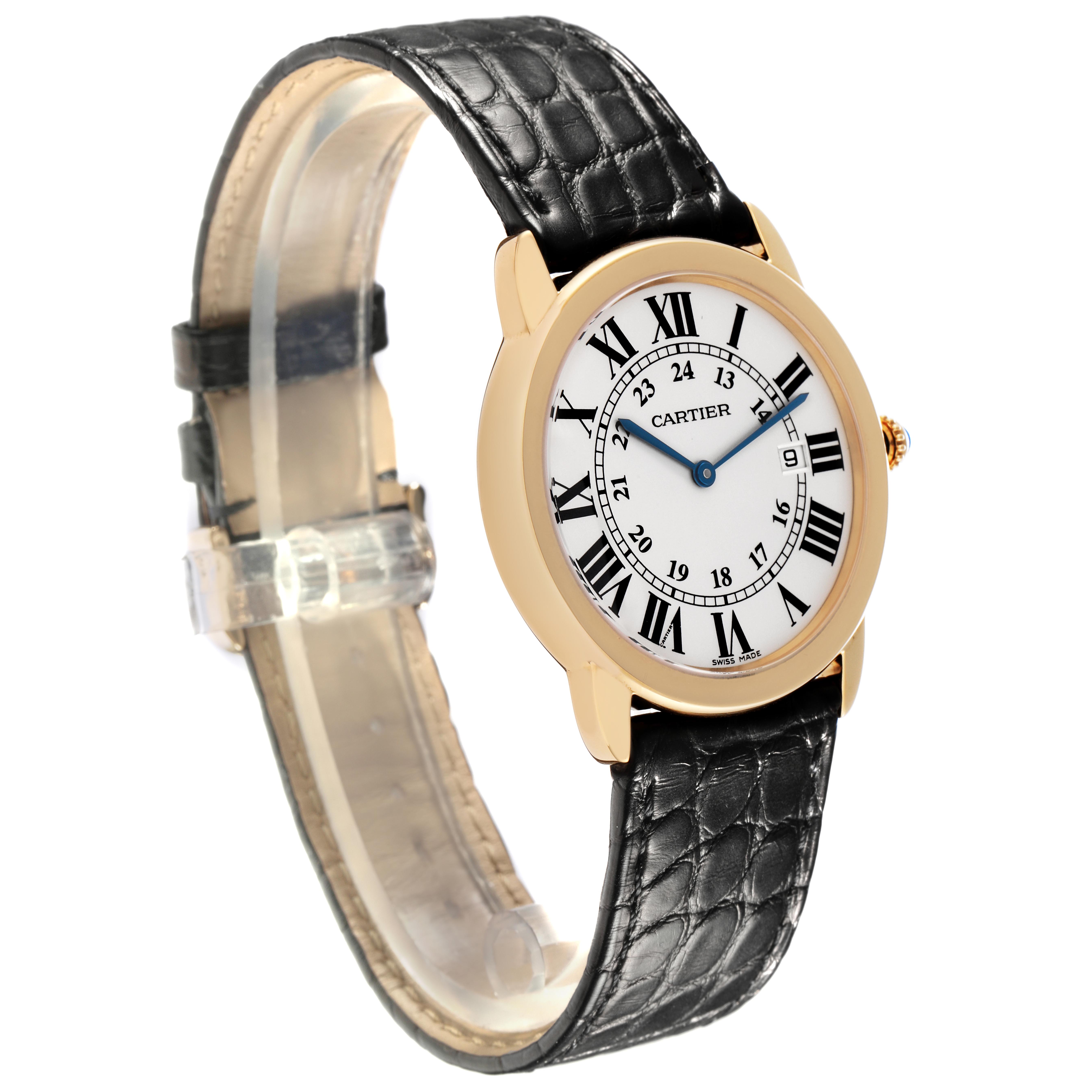 The Cartier Ronde W6700455 Men's Steel and Gold (two tone) Silver Dial W6700455 Men's Steel and Gold (two tone) Silver Dial watch is shown at a three-quarter angle, highlighting its face, black leather strap, and gold case.