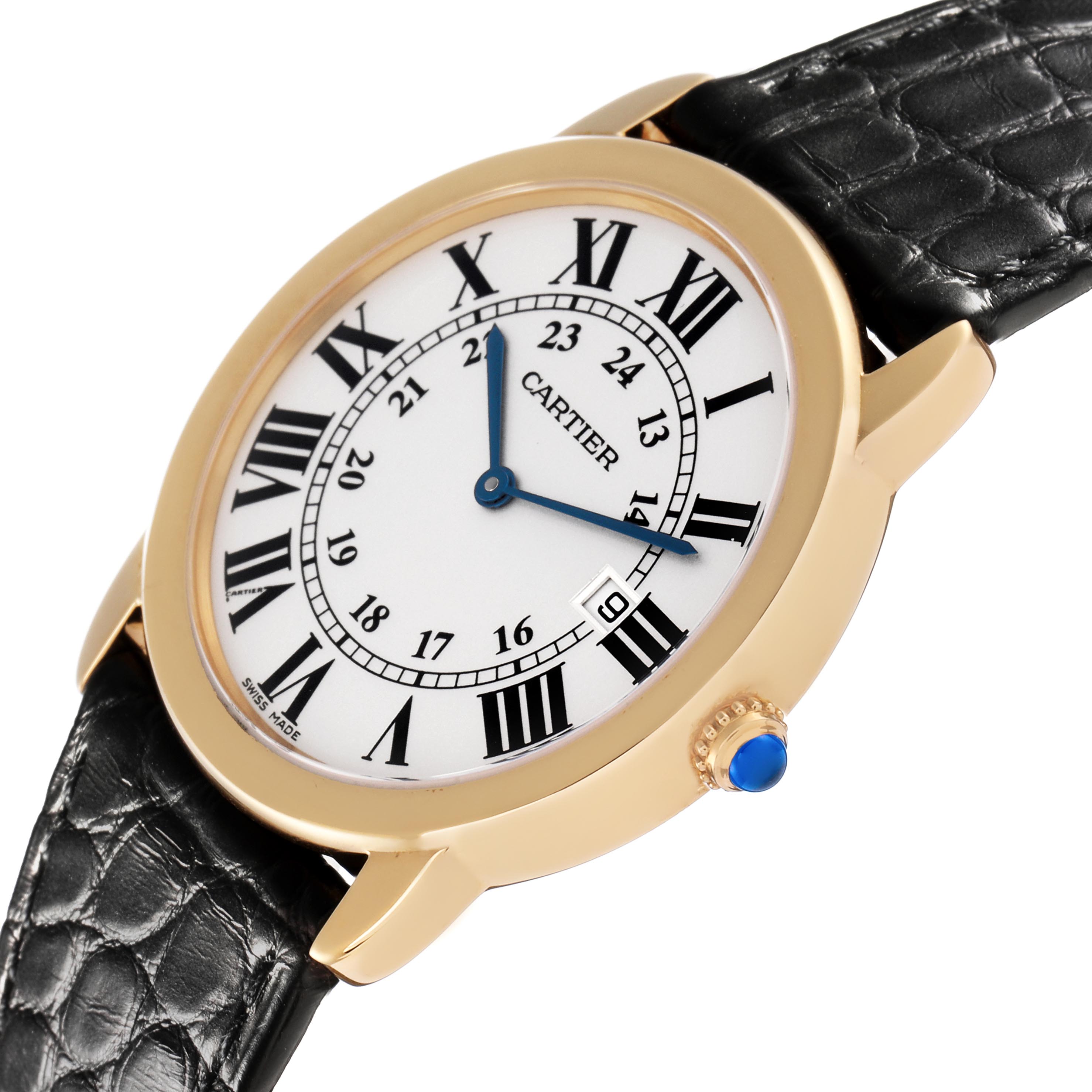 The Cartier Ronde W6700455 Men's Steel and Gold (two tone) Silver Dial W6700455 Men's Steel and Gold (two tone) Silver Dial watch is shown at an angled view, highlighting the face, Roman numerals, blue hands, and bezel.