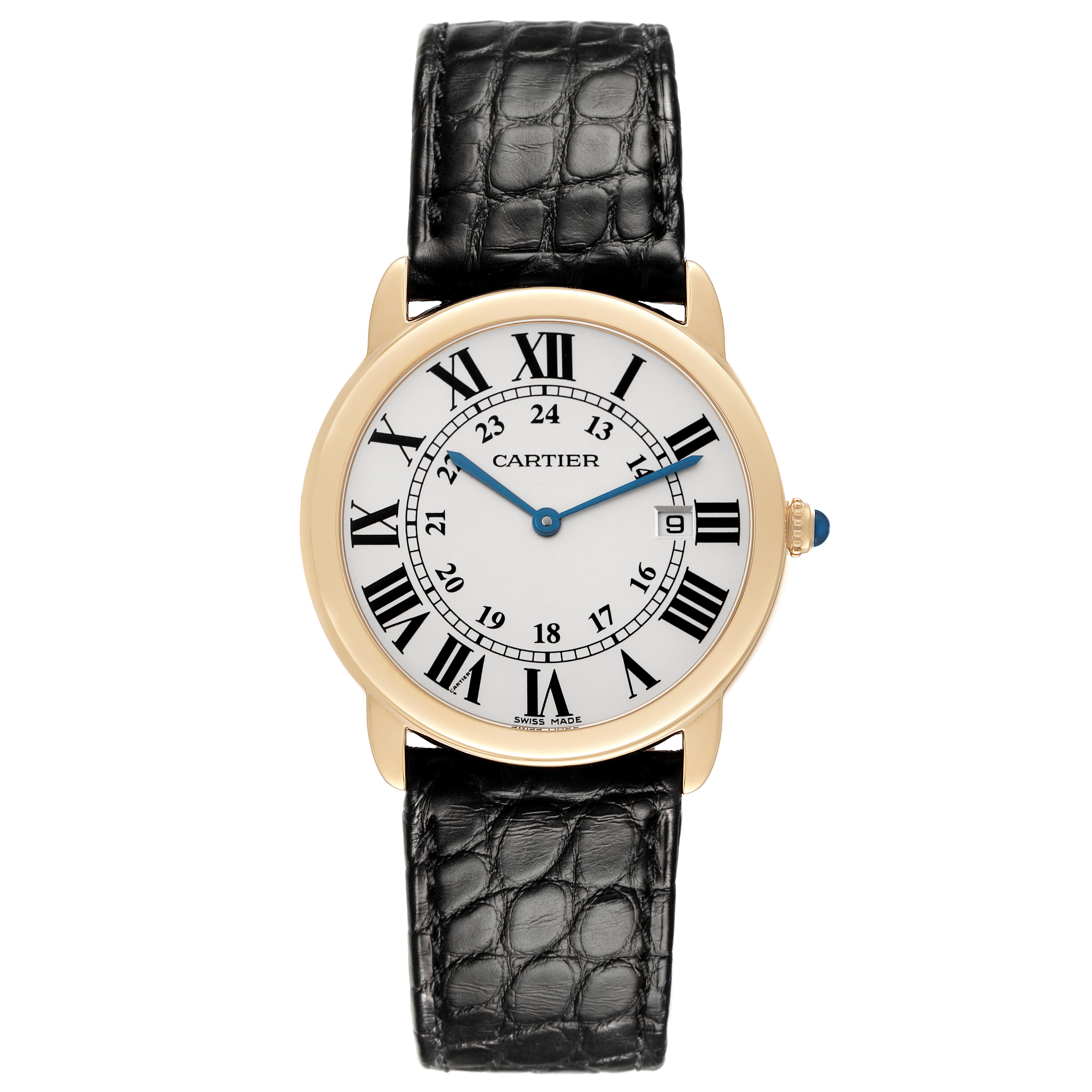 The Cartier Ronde W6700455 Men's Steel and Gold (two tone) Silver Dial W6700455 Men's Steel and Gold (two tone) Silver Dial watch is shown from a top-down angle, displaying the dial, leather strap, hands, and crown.
