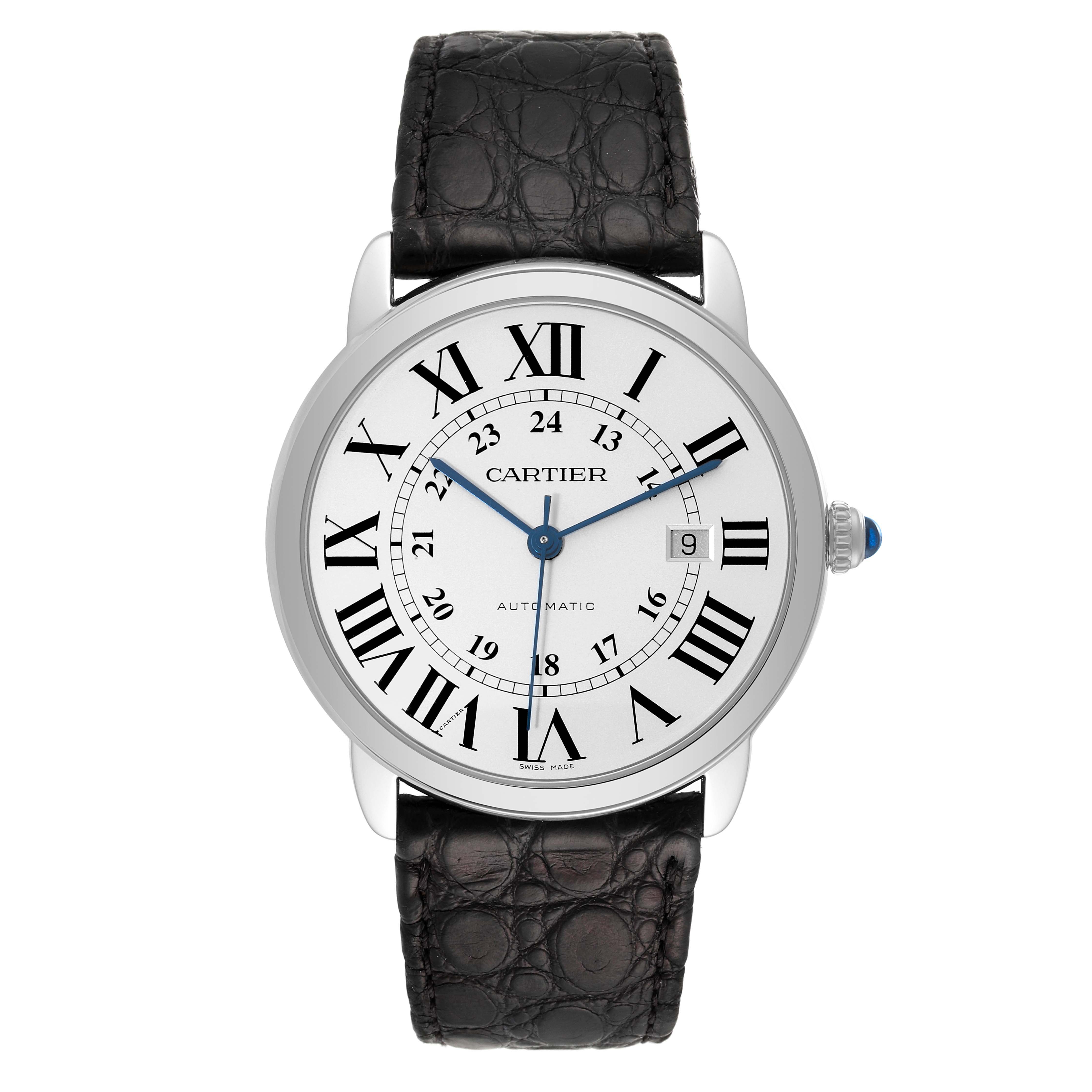 The Cartier Ronde W6701010 Men
s Stainless Steel Silver Dial W6701010 Men
s Stainless Steel Silver Dial model watch is shown from a front angle, displaying its face, Roman numerals, hands, and black leather strap.