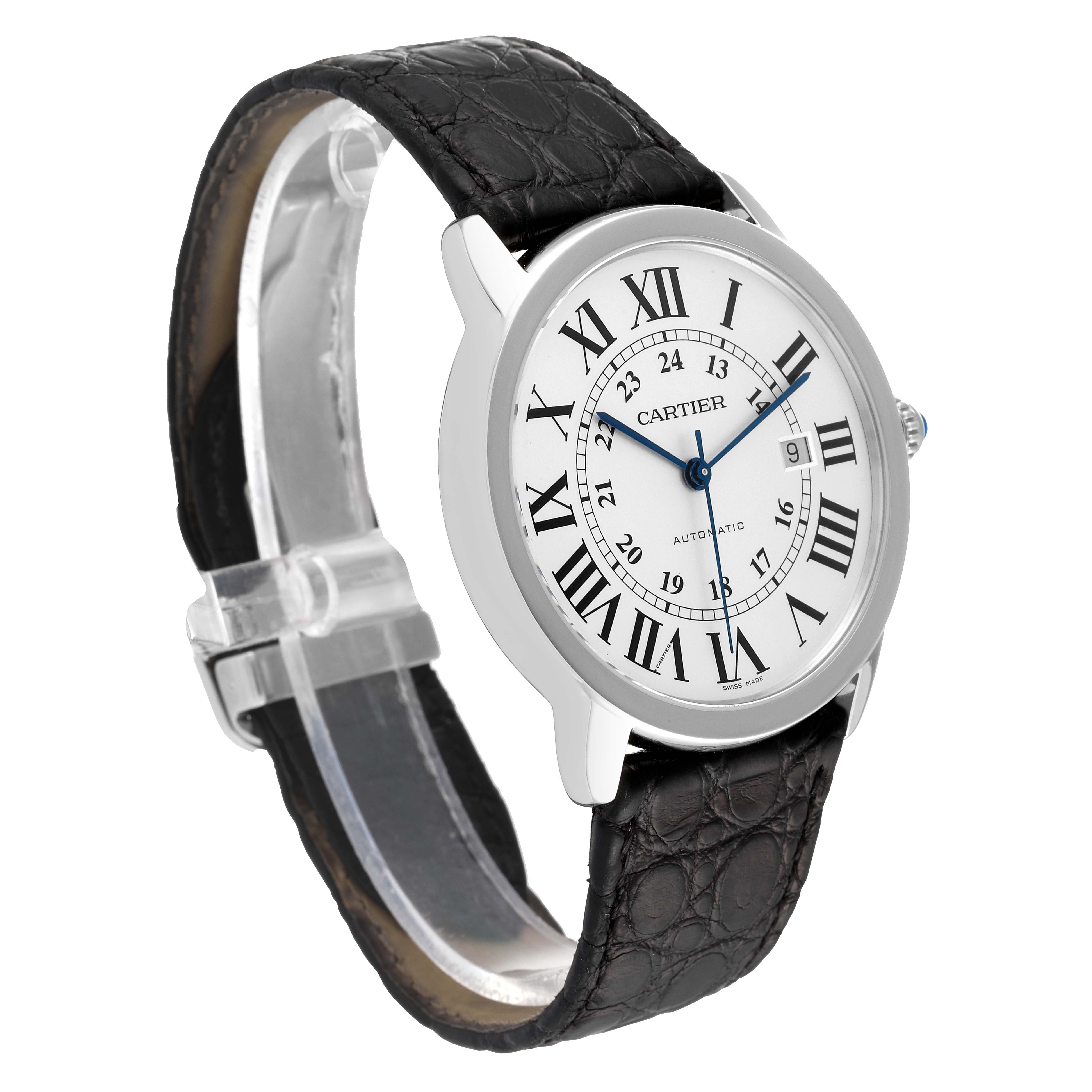 The image shows a Cartier Ronde W6701010 Men
s Stainless Steel Silver Dial W6701010 Men
s Stainless Steel Silver Dial watch from a front angle displaying the face, bezel, and black leather strap.