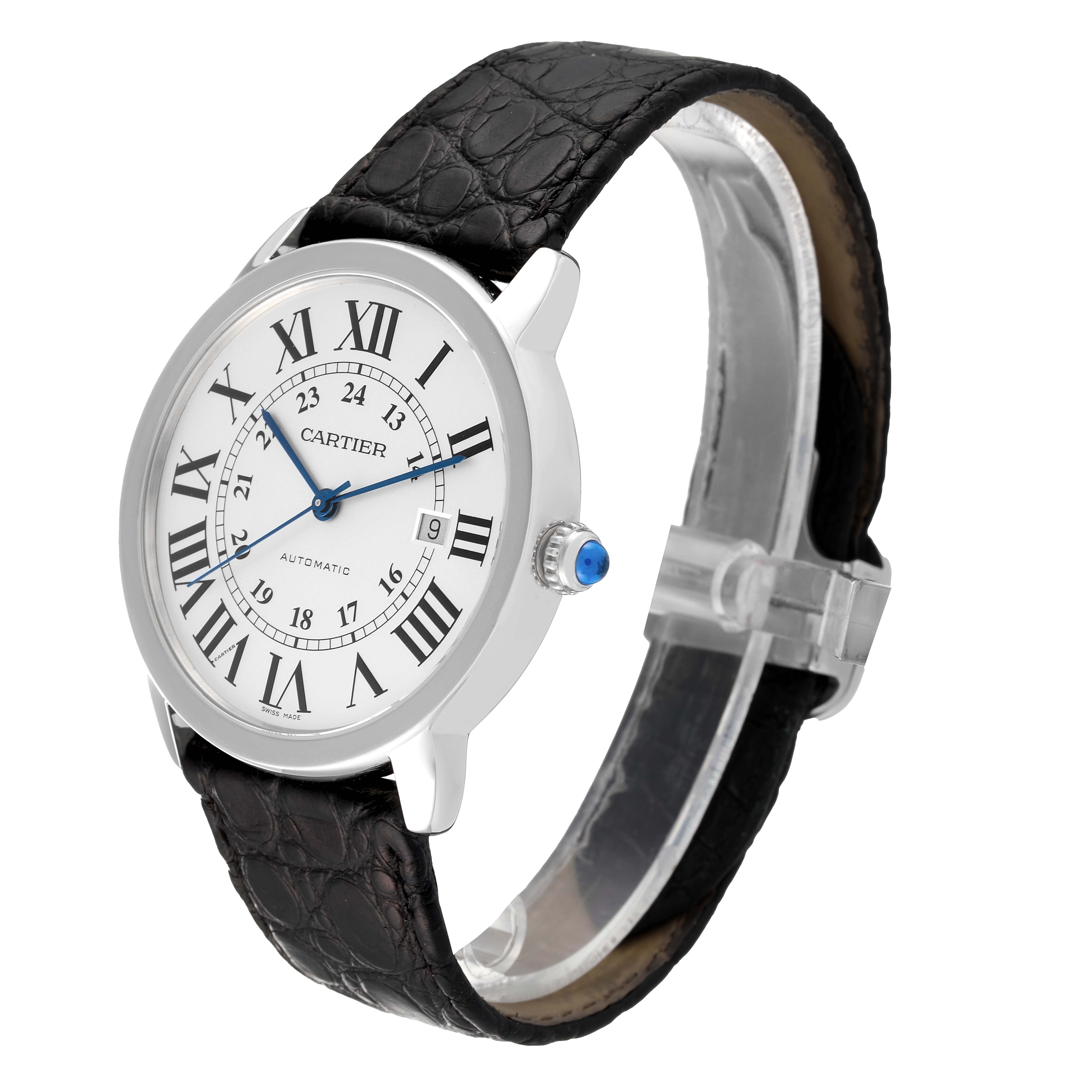 The image shows a Cartier Ronde W6701010 Men
s Stainless Steel Silver Dial W6701010 Men
s Stainless Steel Silver Dial watch angled slightly to the right, highlighting the dial, Roman numerals, and black leather strap.