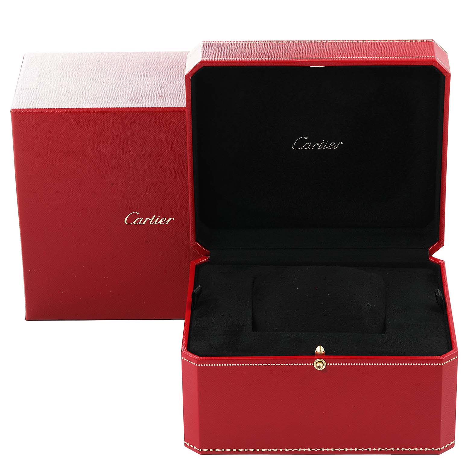 The image shows an open red Cartier box, likely for the Ronde model watch, with a black interior.