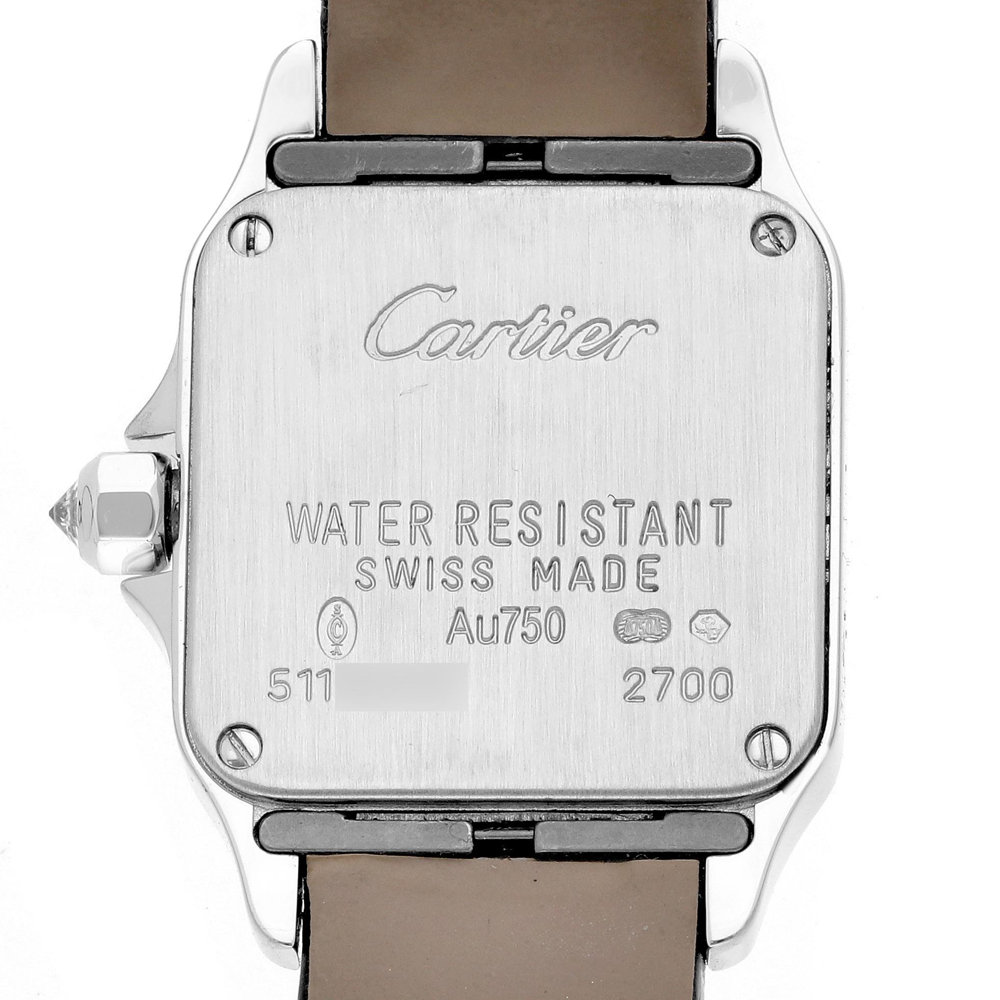 The image shows the back of a Cartier Santos Demoiselle WF9005Y8 Women's White Gold Silver Dial WF9005Y8 Women's White Gold Silver Dial watch case, displaying the brand, model, and specifications.