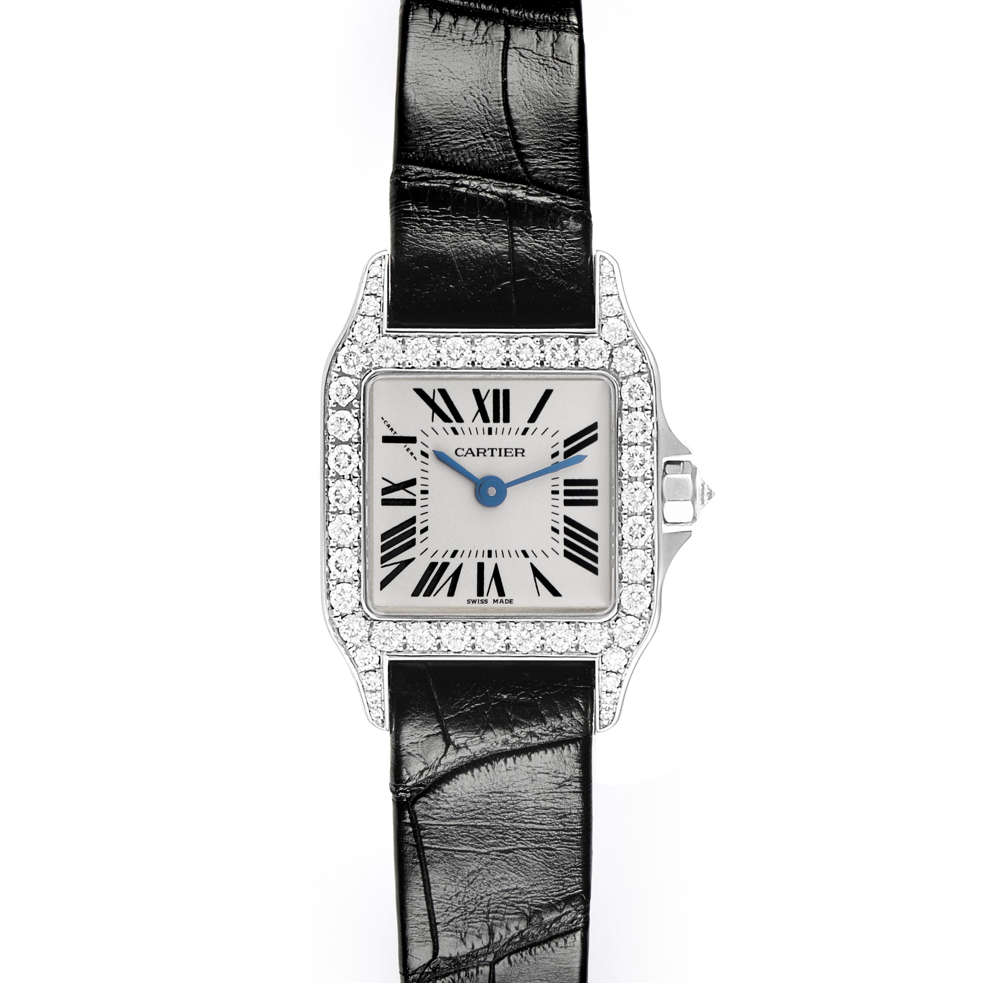 The Cartier Santos Demoiselle WF9005Y8 Women's White Gold Silver Dial WF9005Y8 Women's White Gold Silver Dial watch is shown from the front, highlighting the face, bezel, and black strap.
