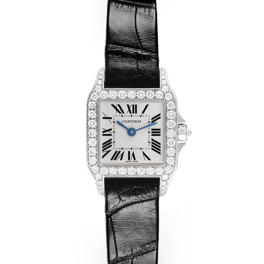 The Cartier Santos Demoiselle watch is shown from the front, highlighting the face, bezel, and black strap.