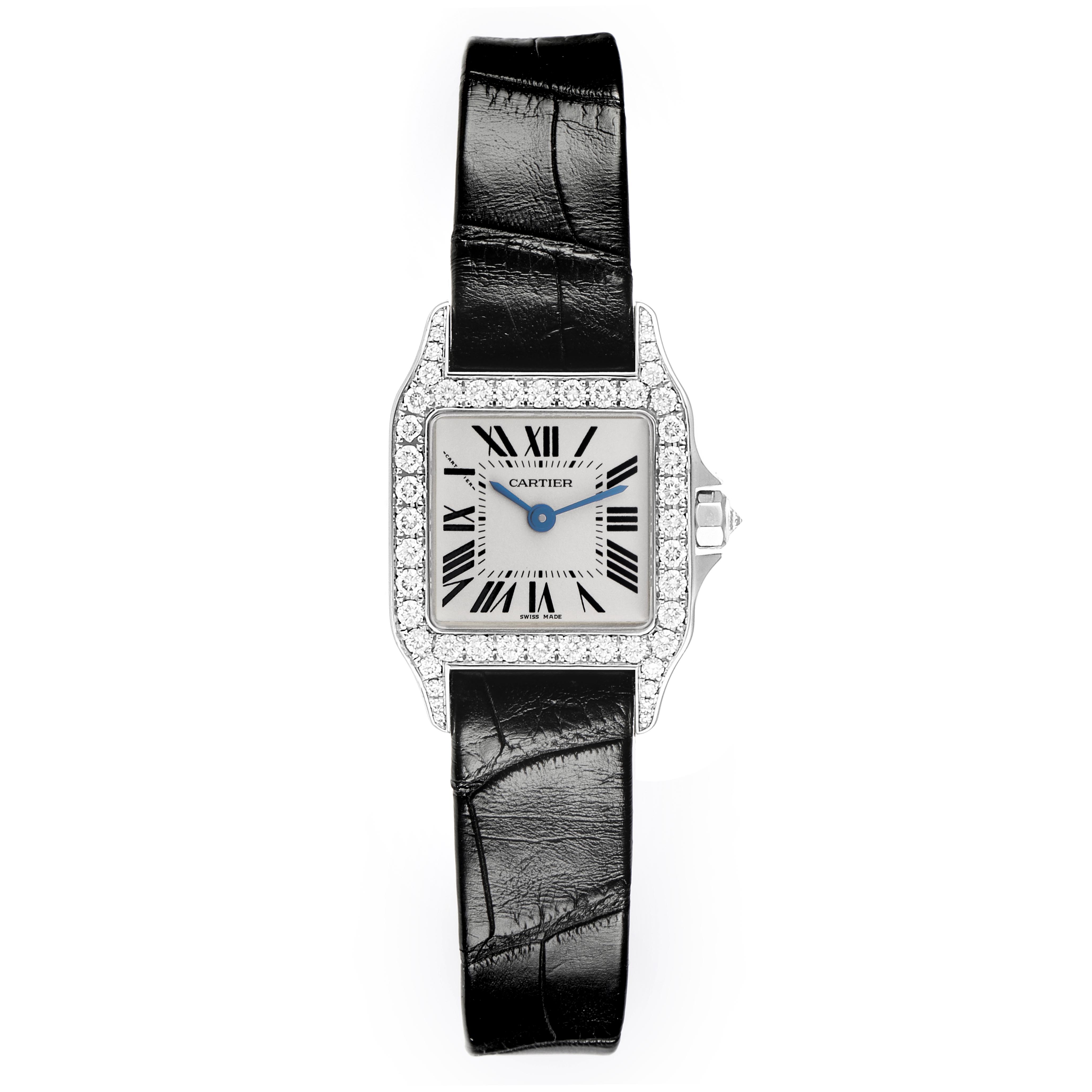 The Cartier Santos Demoiselle WF9005Y8 Women's White Gold Silver Dial WF9005Y8 Women's White Gold Silver Dial watch is shown from a top-down angle, highlighting its square face, diamond bezel, and black strap.
