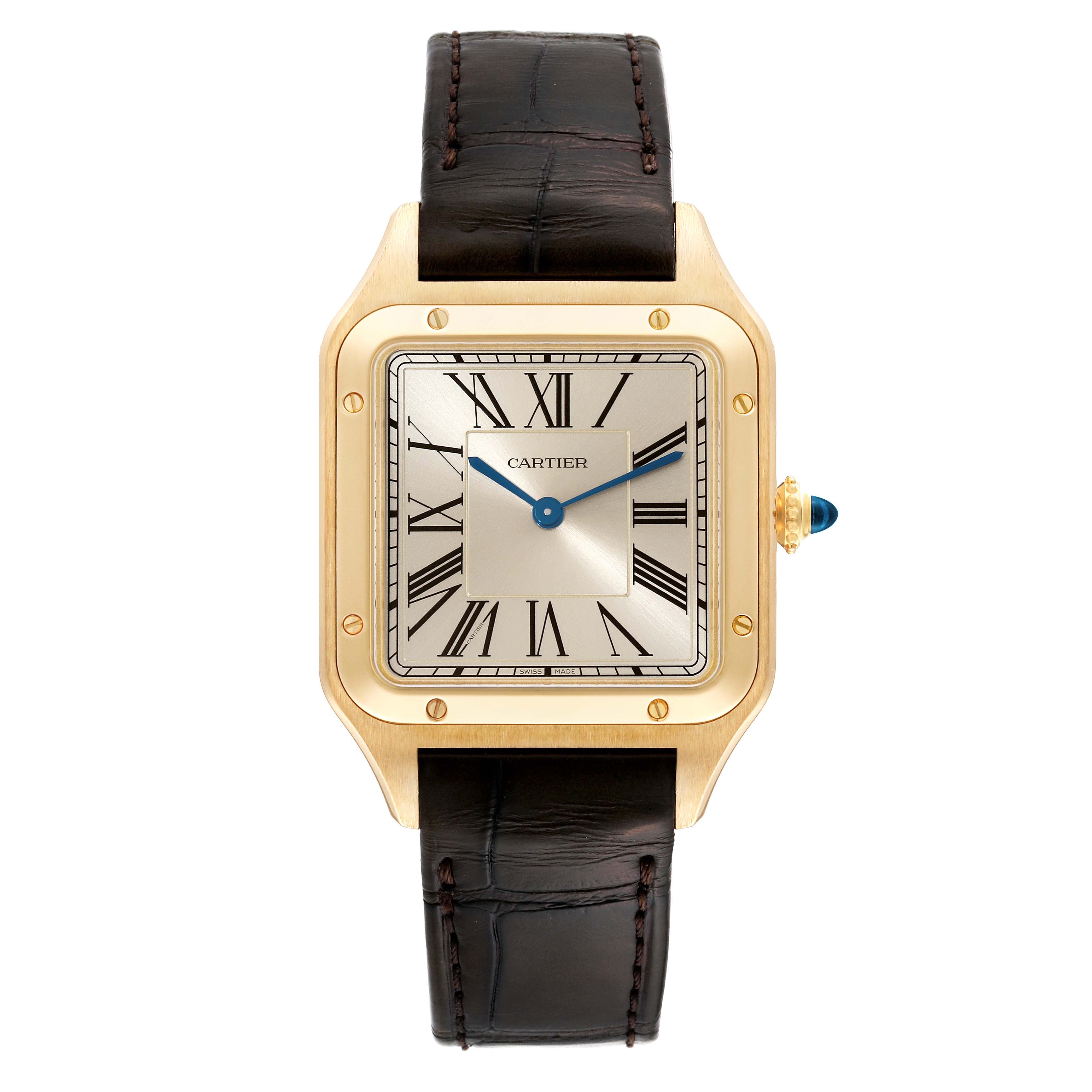 The image shows a front view of the Cartier Santos Dumont WGSA0027 Men's Yellow Gold Silver Dial WGSA0027 Men's Yellow Gold Silver Dial watch, displaying its face, case, crown, and leather strap.