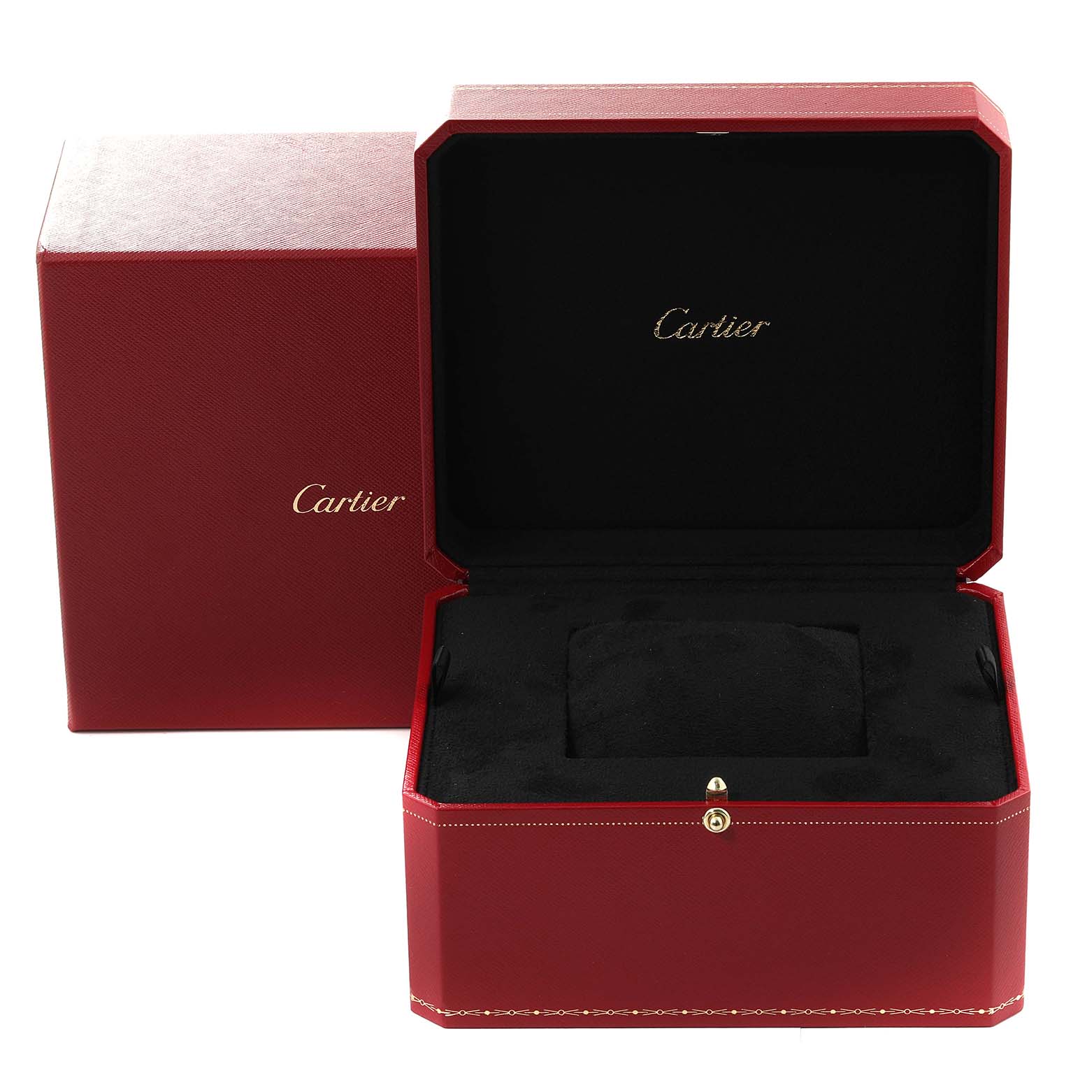 The image shows the open red and black storage box for the Cartier Santos Dumont WGSA0027 Men's Yellow Gold Silver Dial WGSA0027 Men's Yellow Gold Silver Dial watch, placed at a front angle.