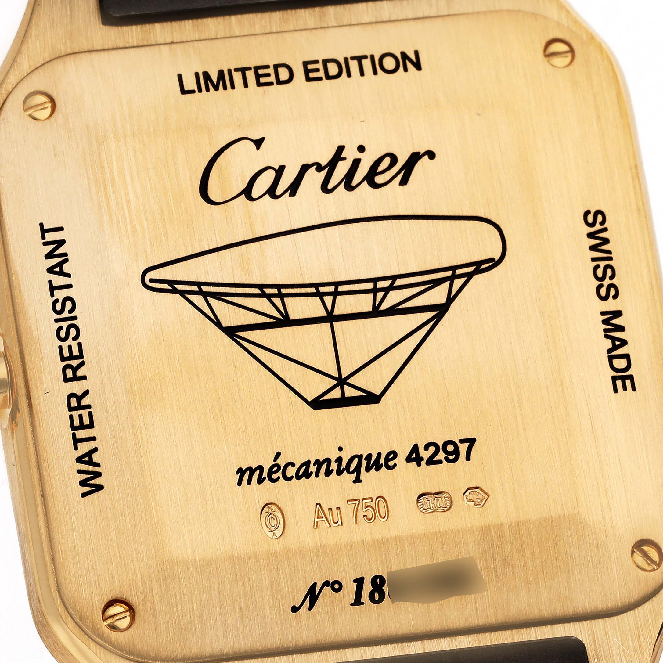 The image shows the back case of a Cartier Santos Dumont WGSA0027 Men's Yellow Gold Silver Dial WGSA0027 Men's Yellow Gold Silver Dial Limited Edition watch, indicating model details and branding.