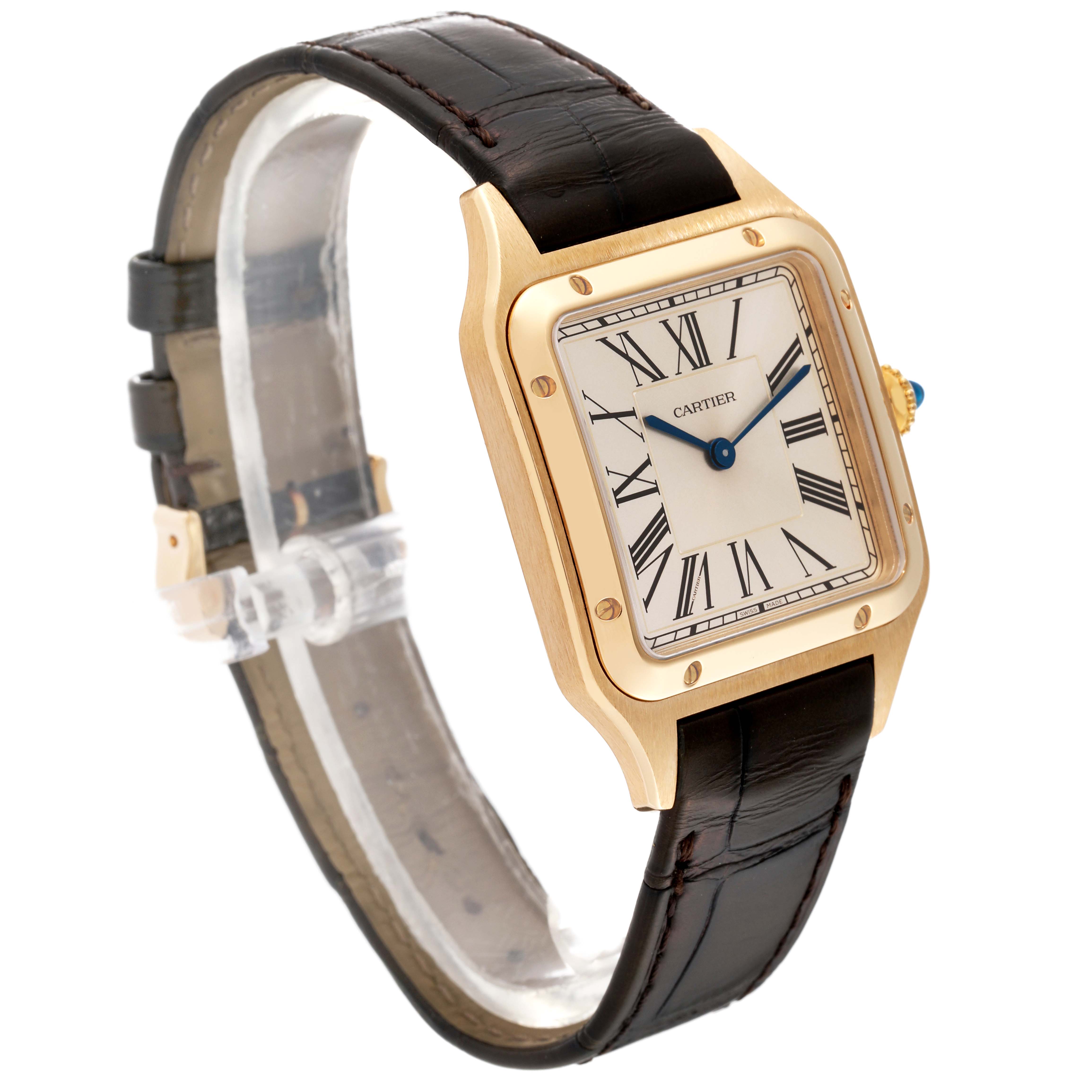 The Cartier Santos Dumont WGSA0027 Men's Yellow Gold Silver Dial WGSA0027 Men's Yellow Gold Silver Dial watch is shown at a slight angle, highlighting the face, bezel, crown, and leather strap.