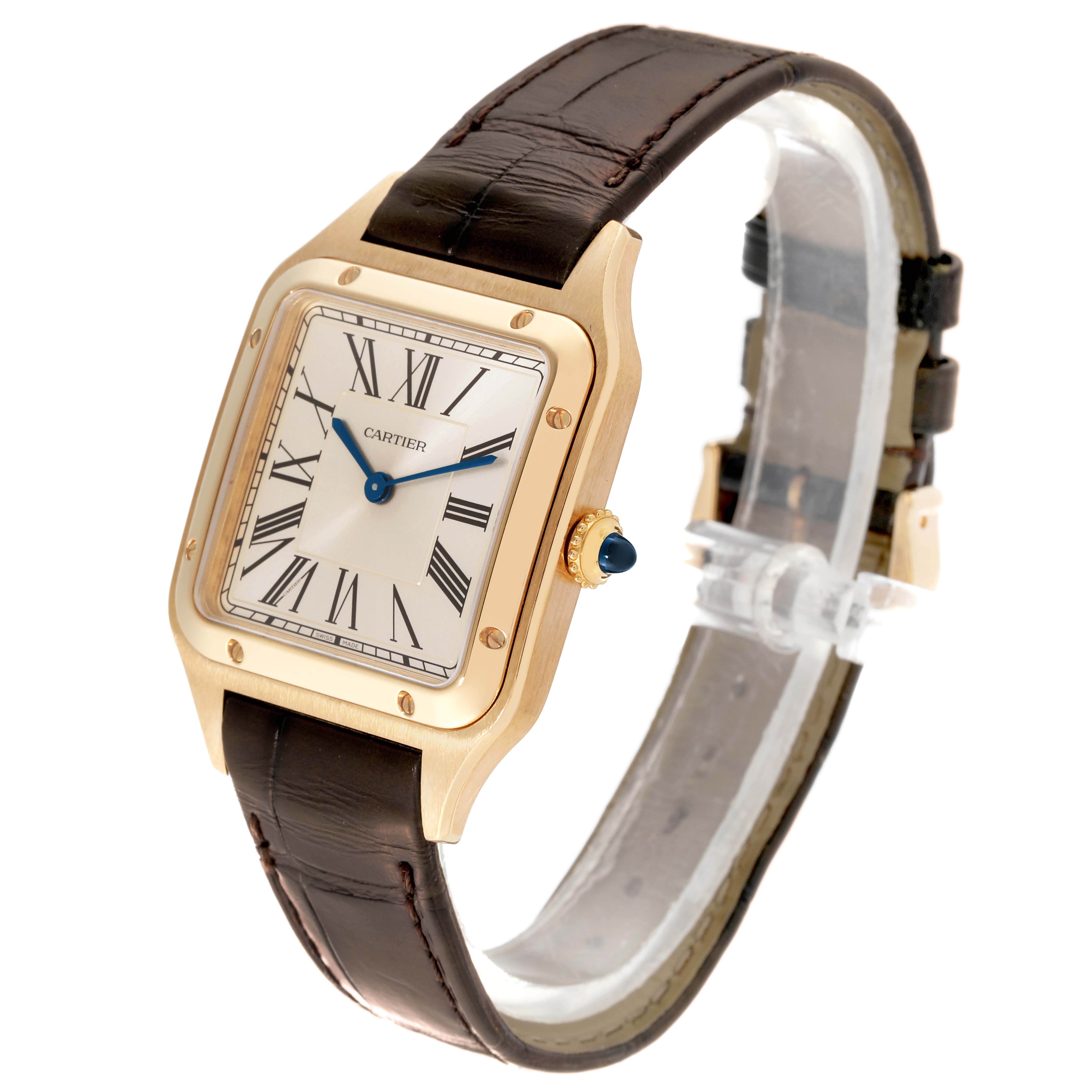 The image shows a Santos Dumont model by Cartier from an angled side view, showcasing the watch face, bezel, crown, and leather strap.