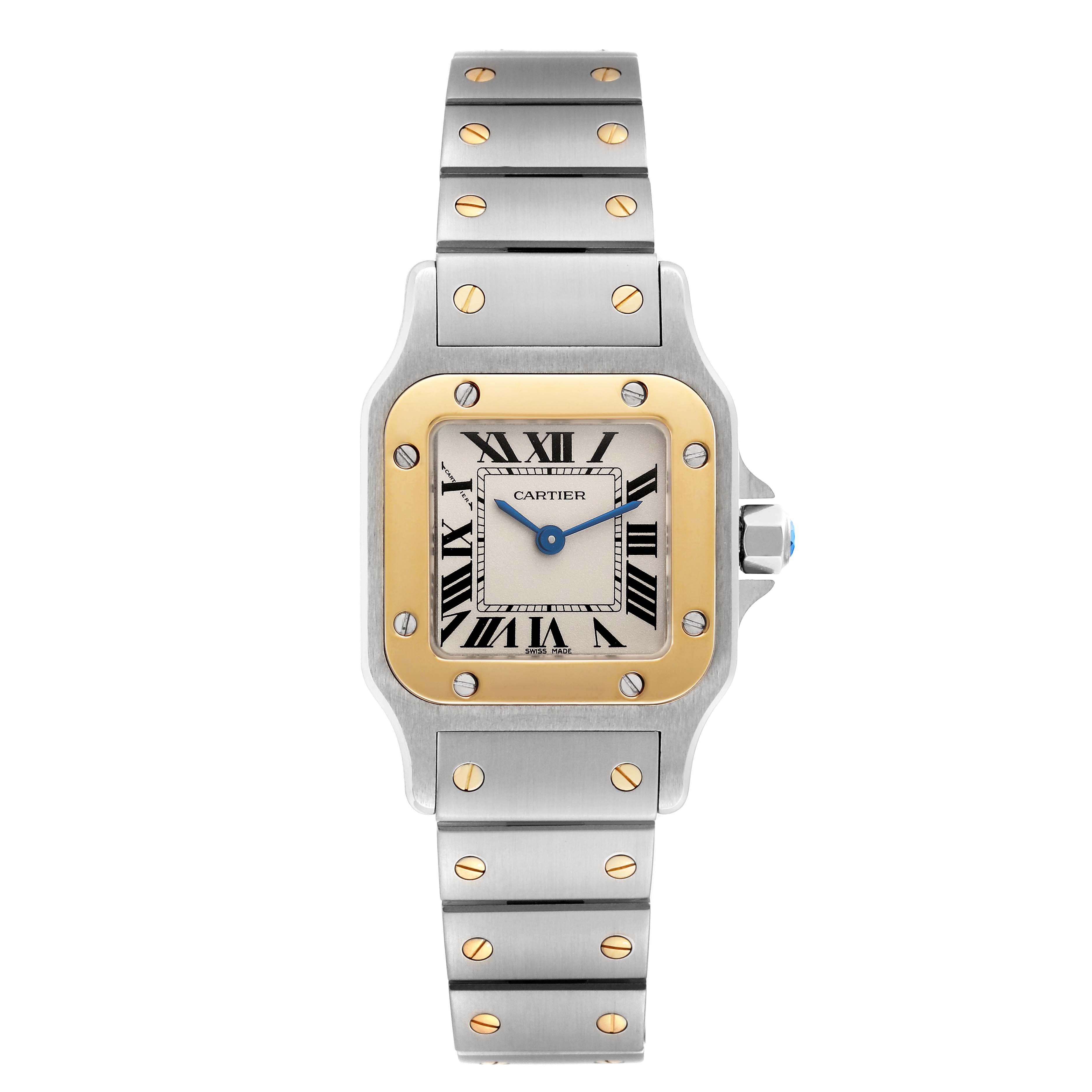The image shows a front view of a Cartier Santos W20012C4 Women's Steel and Gold (two tone) Silver Dial W20012C4 Women's Steel and Gold (two tone) Silver Dial watch with a gold bezel and stainless steel bracelet.